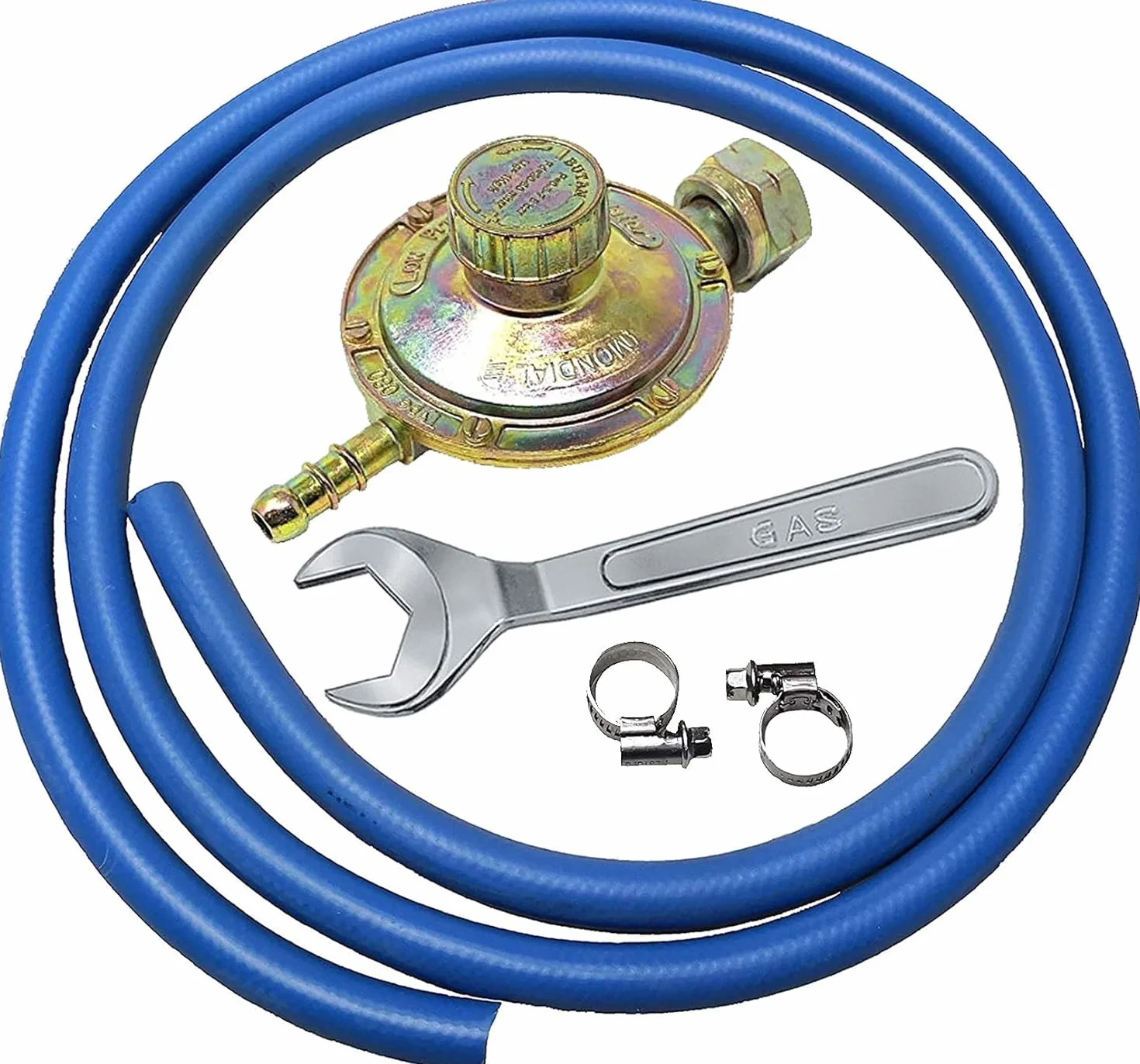 acquaverde | Kit Regolatore di Pressione Gas Variabile 0,3-16 Bar con Tubo 2 Mt 2 Fascette Chiave per Campeggio e Barbecue | Made in Italy