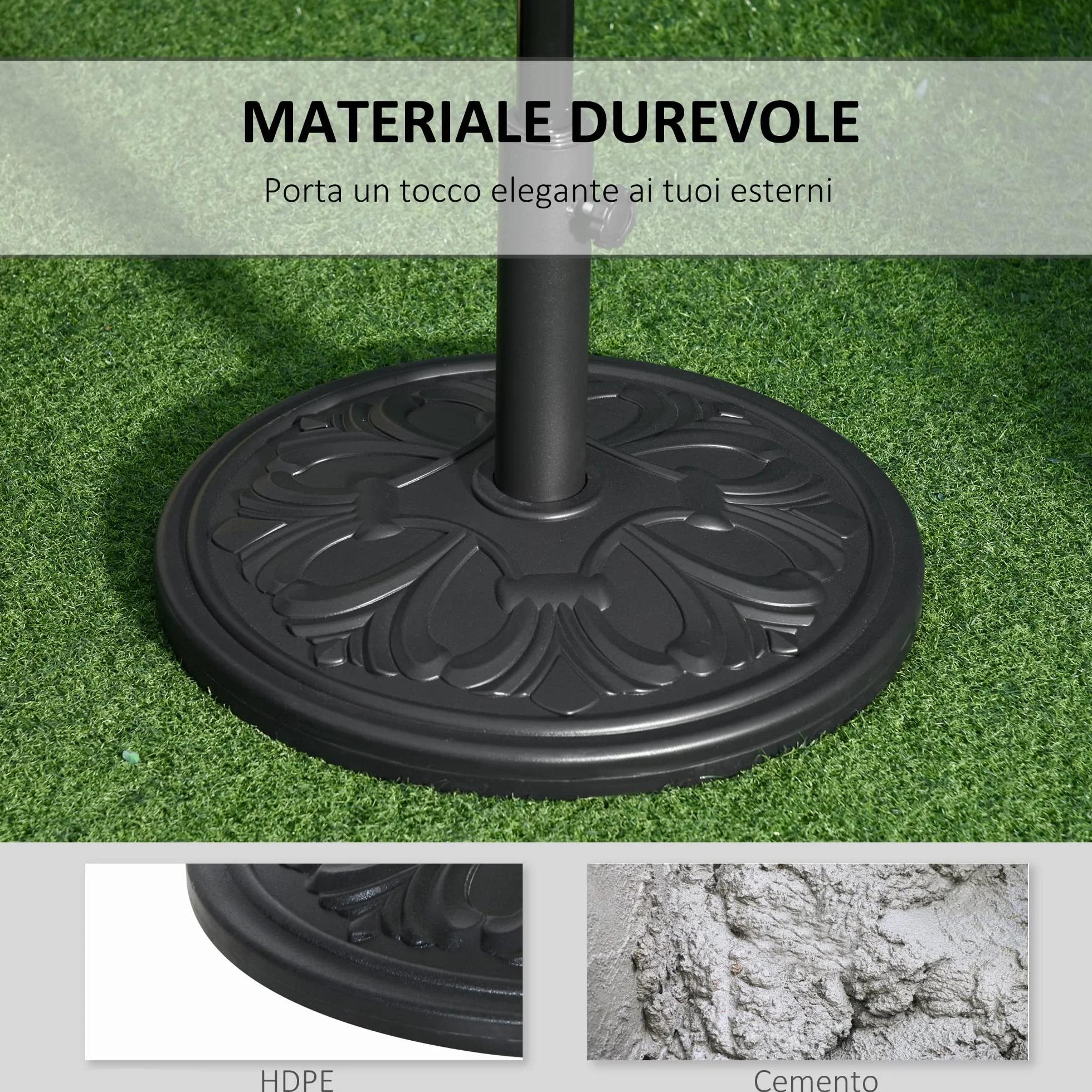 Outsunny Base per Ombrellone Rotonda in HDPE con Disegno Floreale, Base Ombrellone da 13kg con Supporto per Pali da 35-38-48mm, Nero