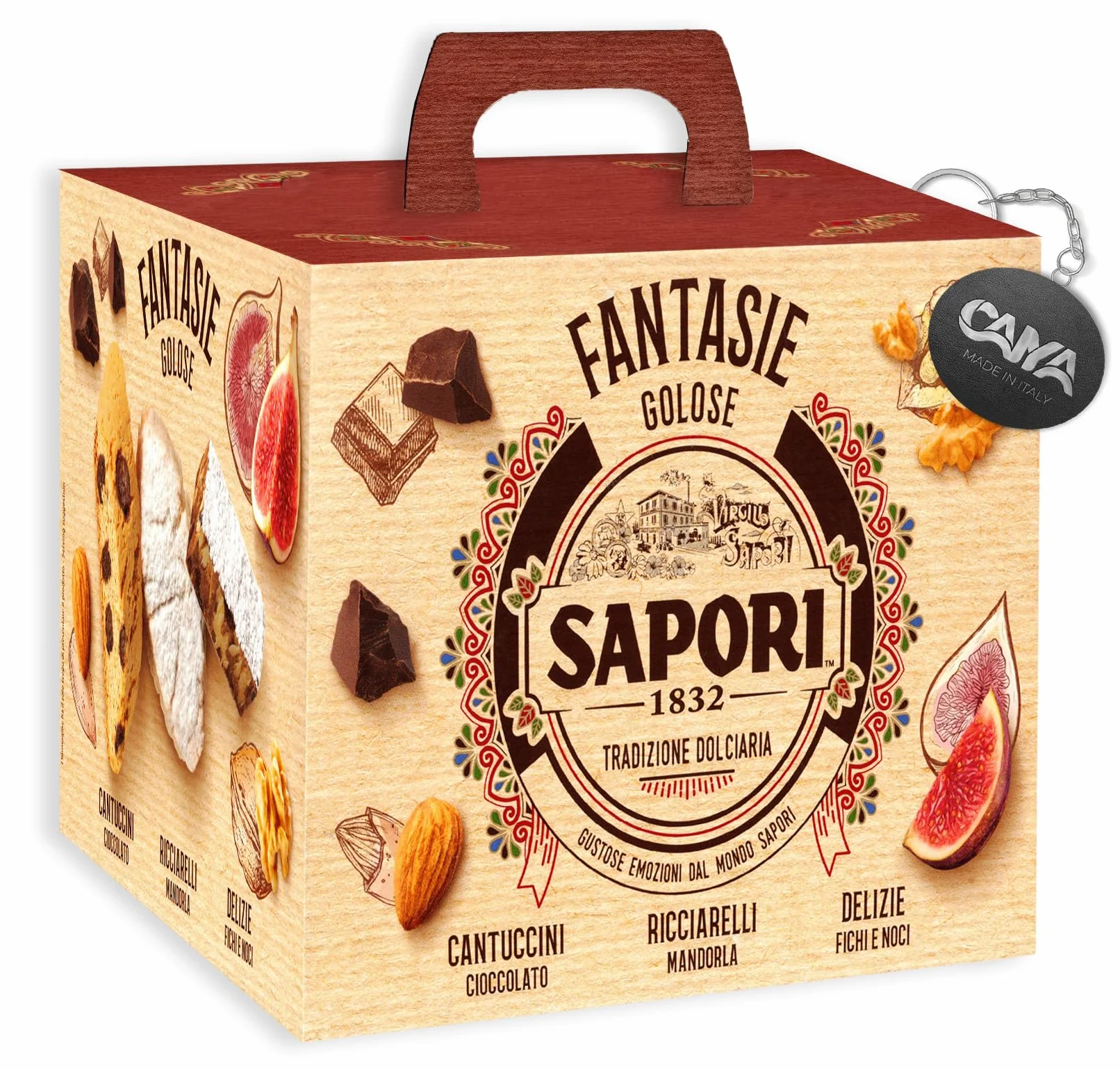 Sapori Fantasie Golose con Cantuccini al Cioccolato, Ricciarelli Mandorla e Delizie Fichi e Noci 381g con Portachiavi CAIYA® (2024)