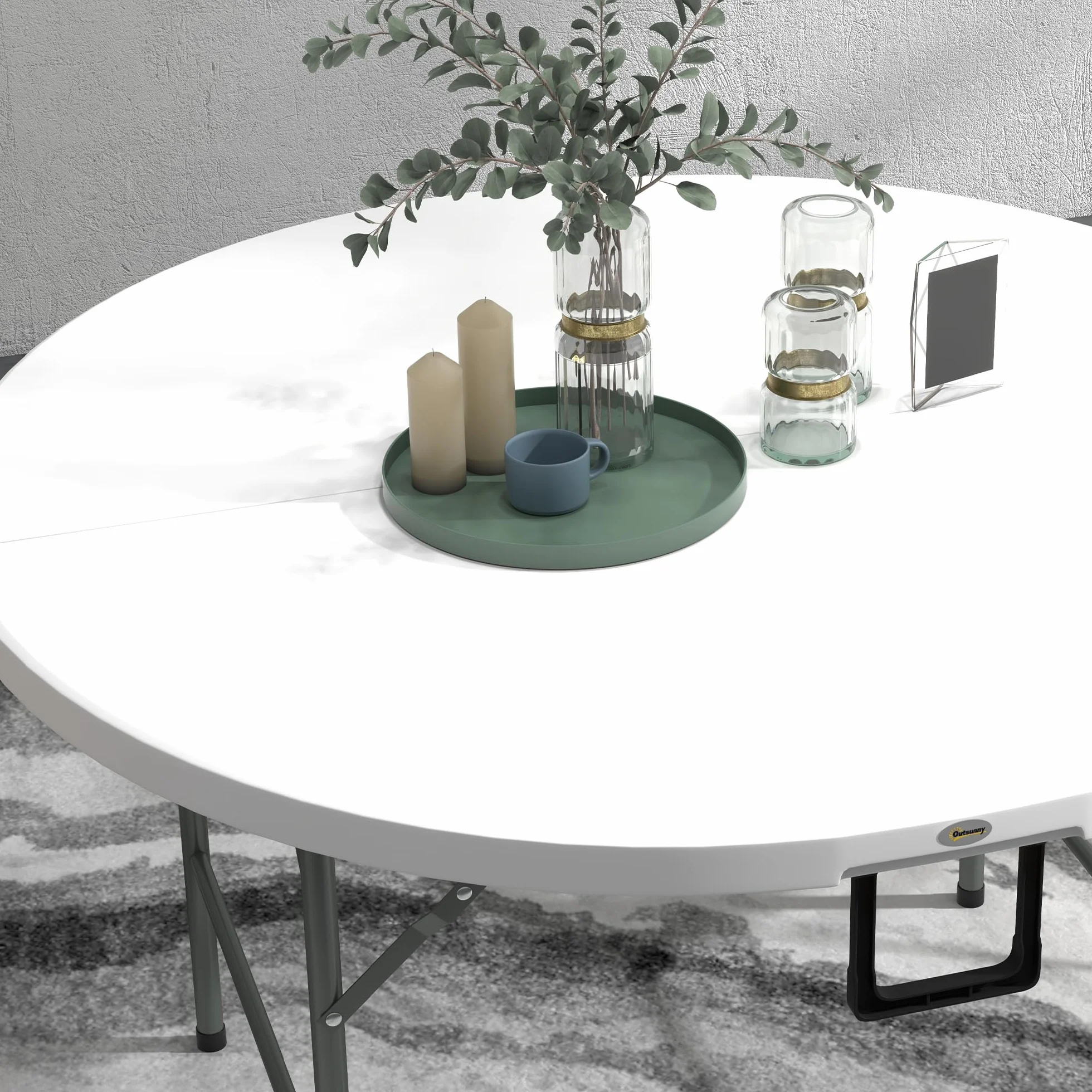 Outsunny Tavolo Pieghevole per Giardino, Balcone e Campeggio, Tavolo Rotondo in Acciaio e HDPE, Ø122x73 cm, Grigio e Bianco