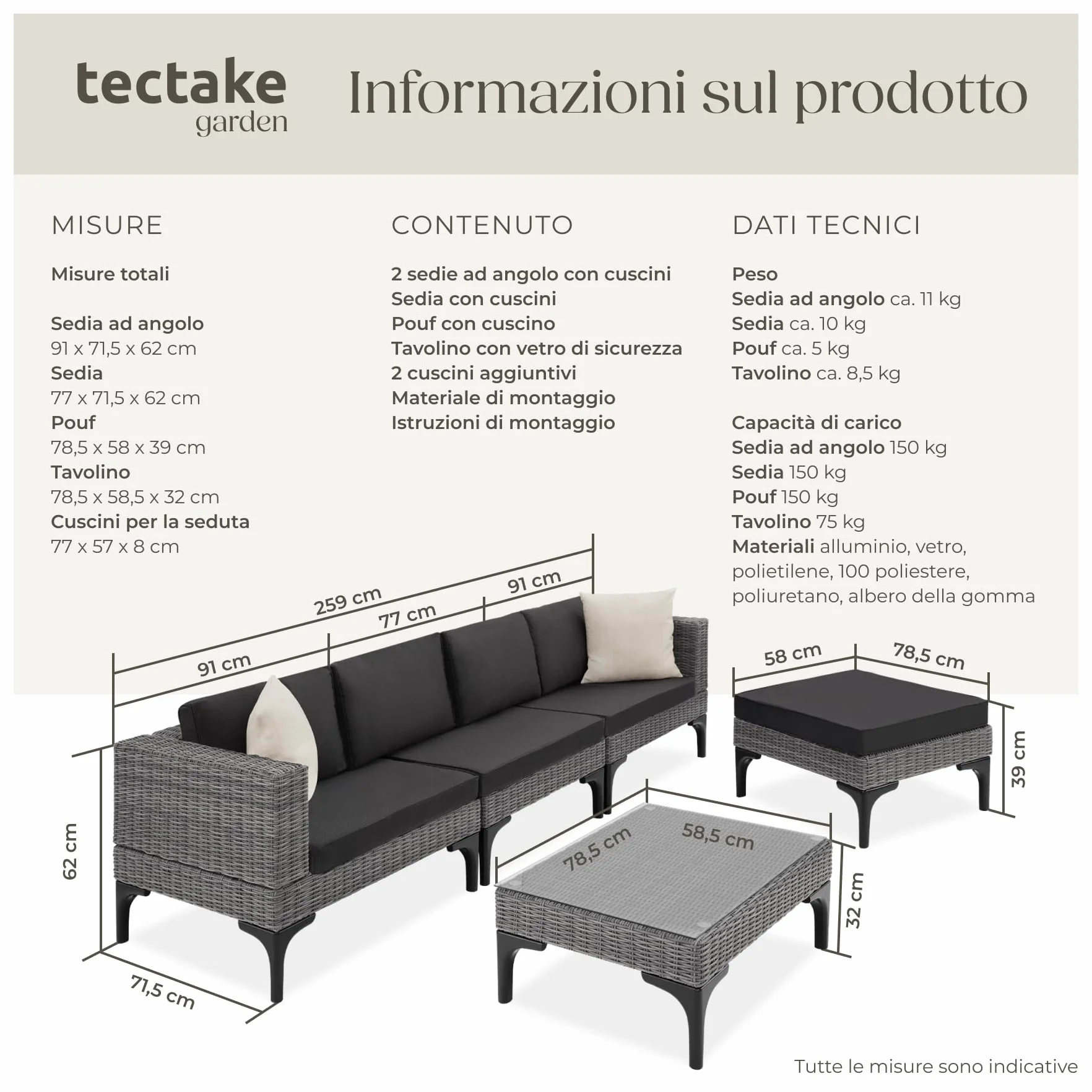 tectake® Salottino in Rattan Konstanza, Telaio in Alluminio, Resistente ai Raggi UV, Comode Poltrone, Imbottitura Spessa, Rivestimenti Idrorepellenti, Tavolino Salotto con Lastra in Vetro - Grigio
