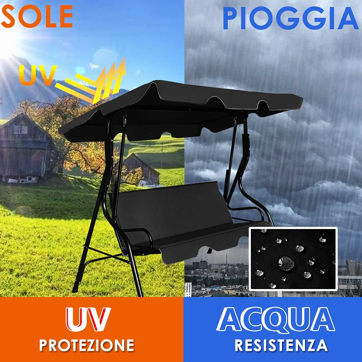 RELAX4LIFE Dondolo da Giardino 2/3 Posti, Dondolo da Esterno in Acciaio, Tettuccio Parasole Regolabile, per Arredo Giardino, Terrazzo e Balcone (170x110x153cm, Nero)