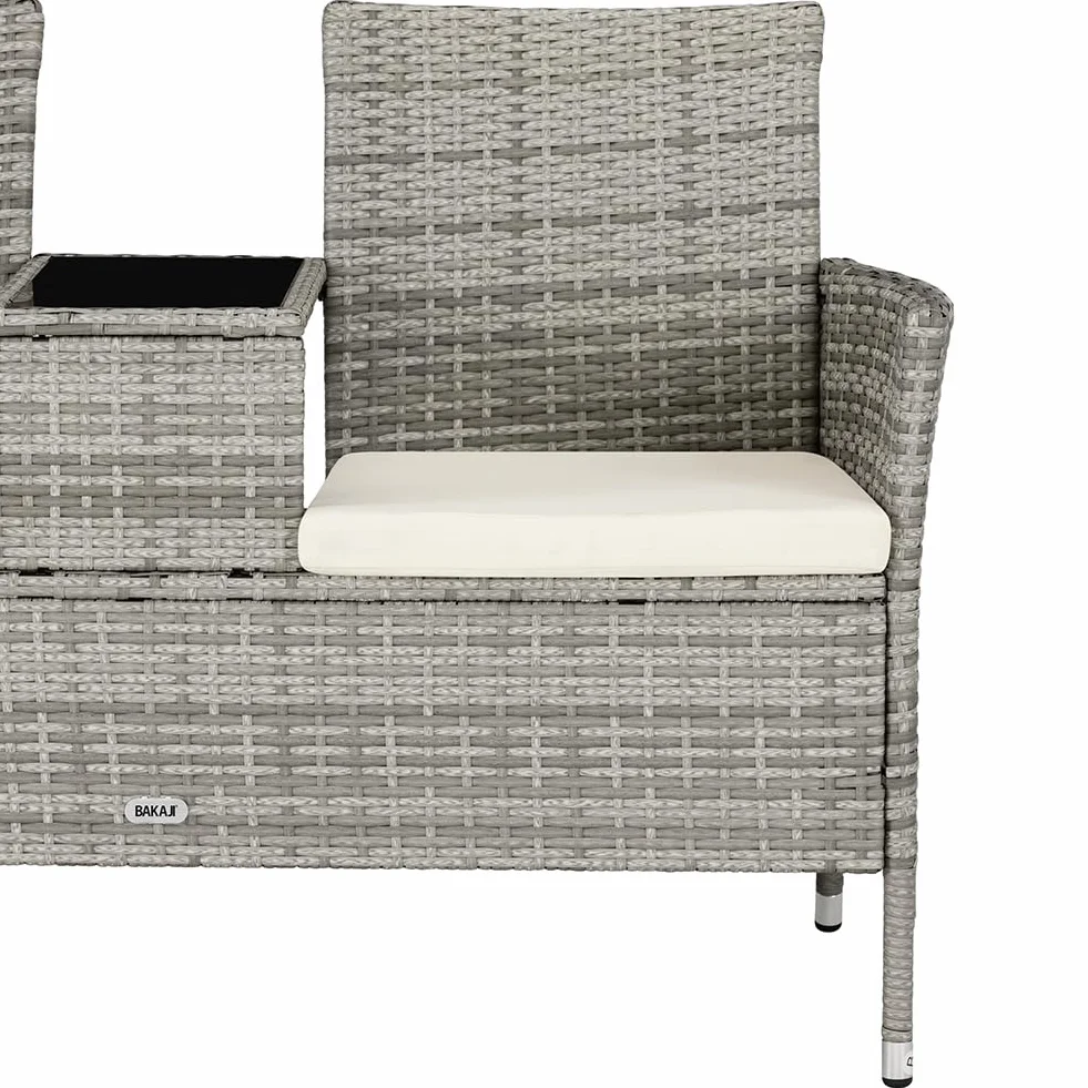 BAKAJI Panchina da Giardino in Polyrattan con Tavolo Integrato e Cuscini, Panchina 2 Posti da Esterno Resistente Ai Raggi UV e alle Intemperie, Panca Divano Ripiano Vetro 123 x 54 x 82.5 cm (Grigio)