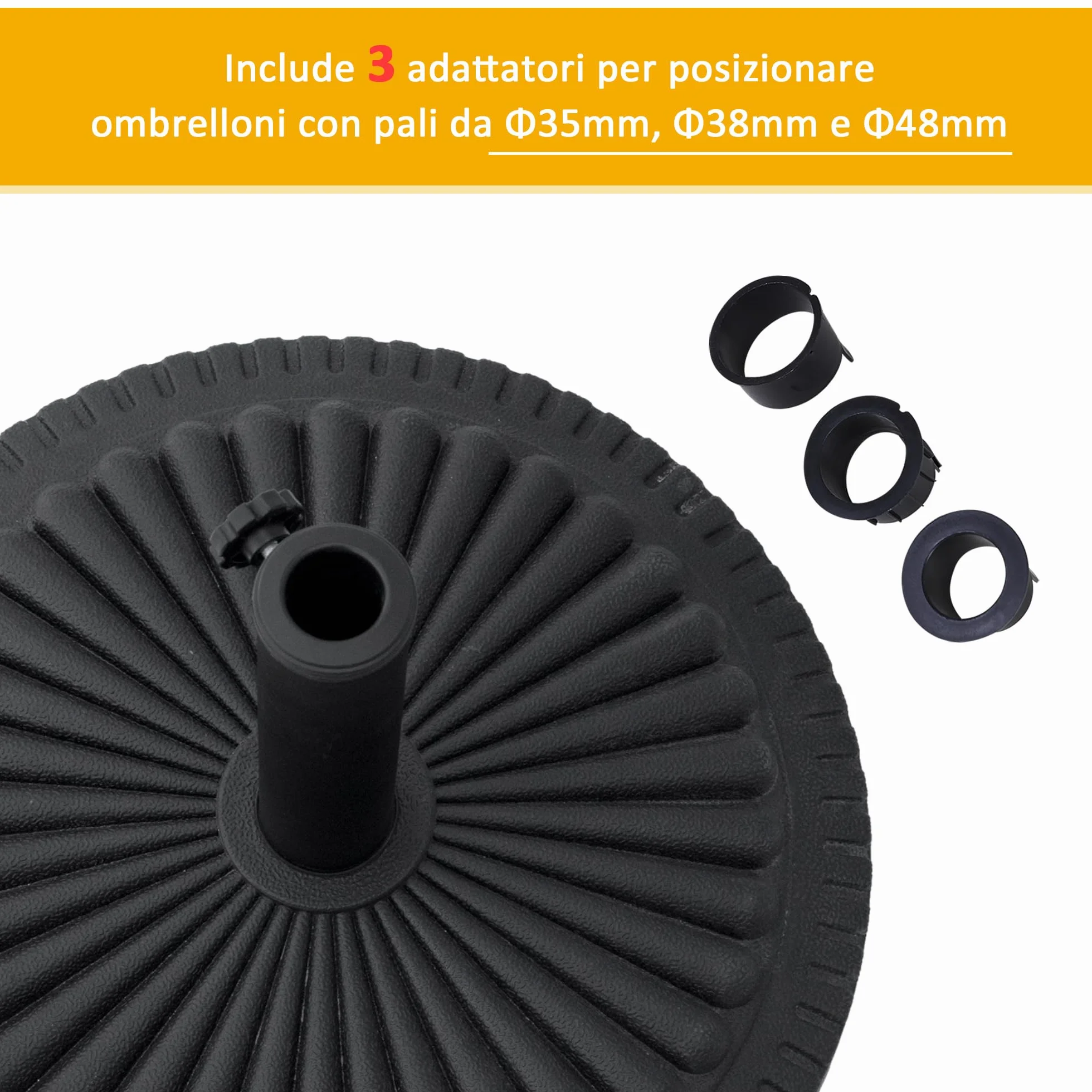Outsunny Base per Ombrellone Rotonda in HDPE e Cemento con Decorazione, Basamento per Ombrellone da 14kg con Supporto per Pali da Ø35/38/48mm, per Giardino Balcone, Nero