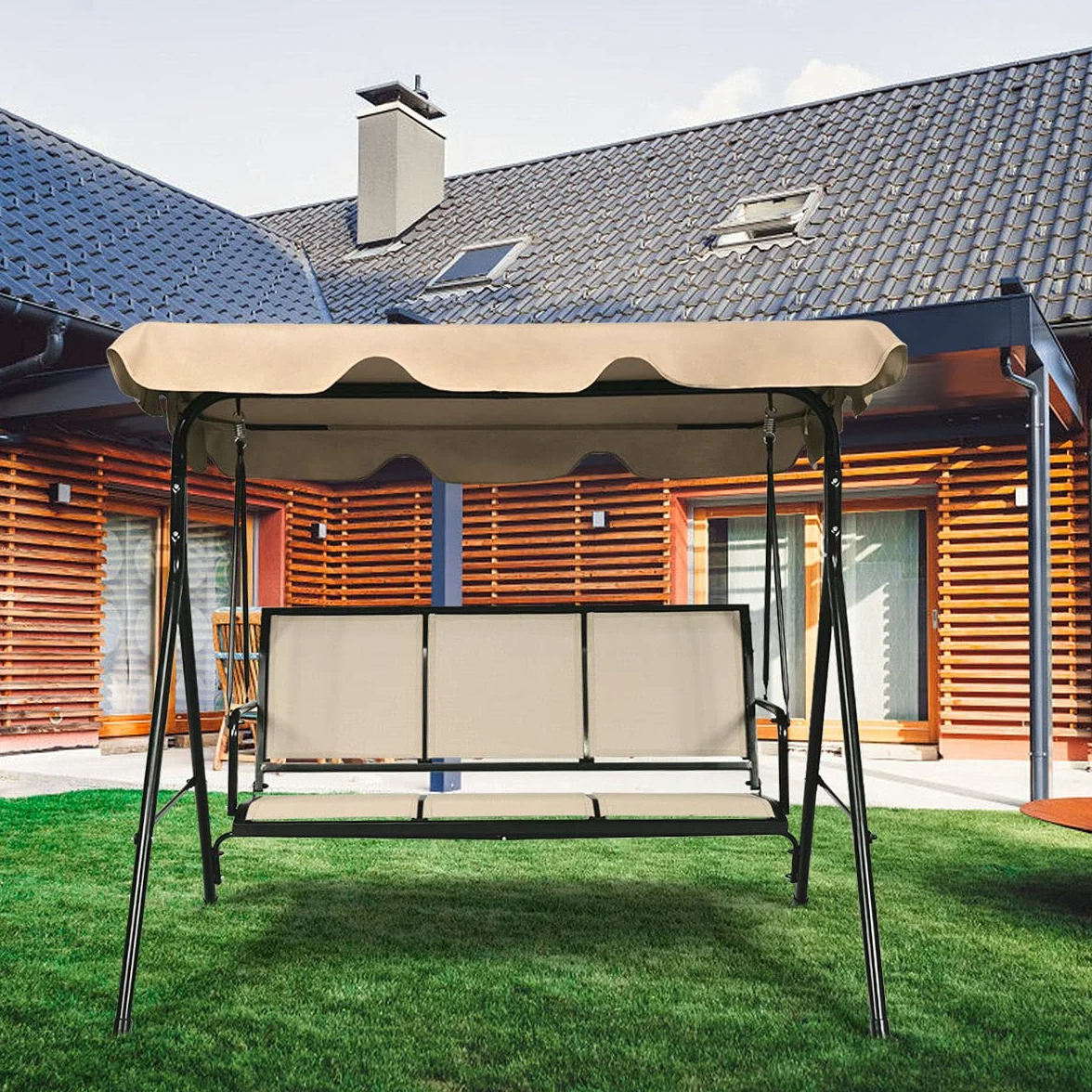 GIANTEX Dondolo da Giardino, a 3 Posti, Tetto di Ricambiabile, Telaio in Metallo e Texteline, con Copertura Anti-UV e Anti-Acqua, Arredo per Esterno, 173x119x152 cm, 2 Colori (1)