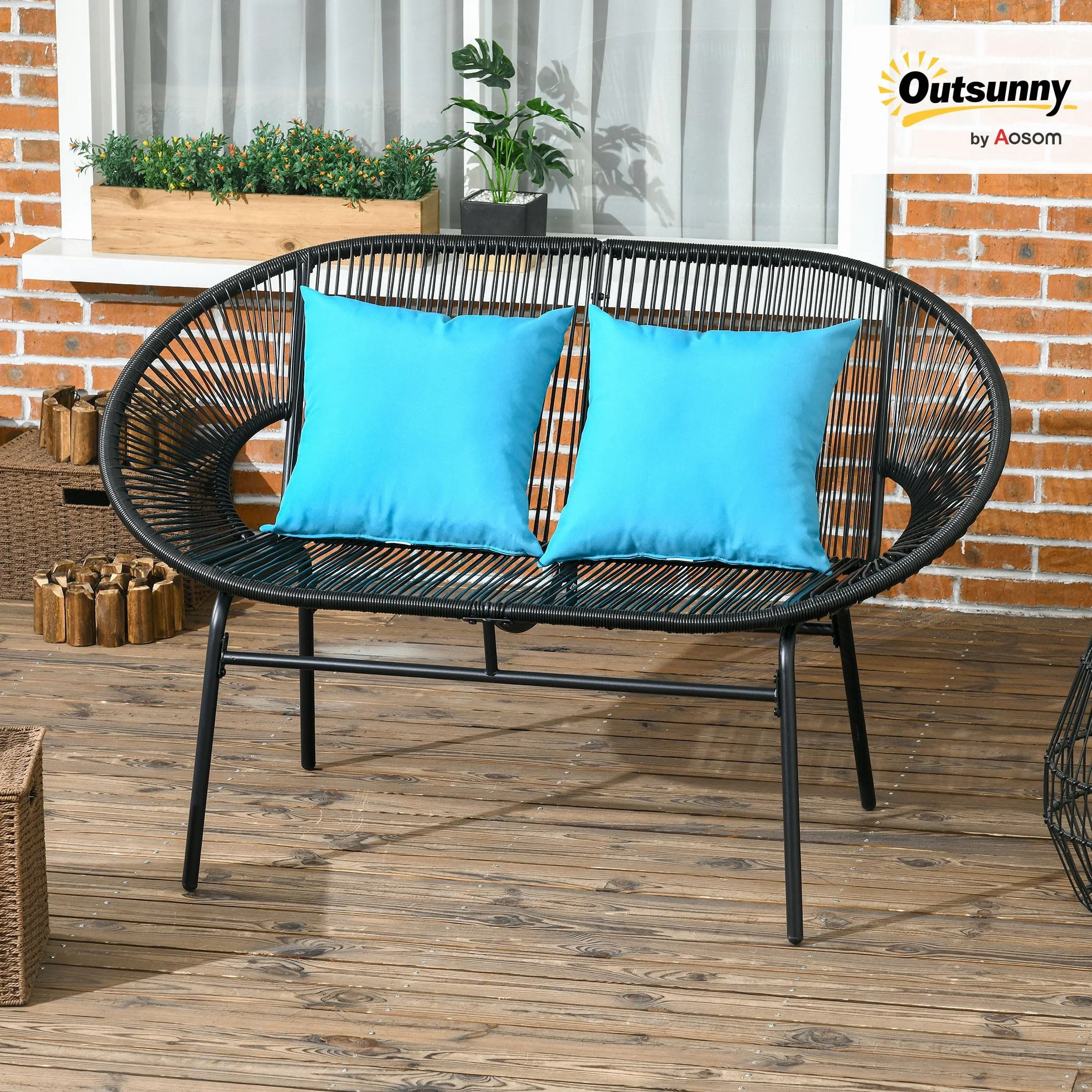 Outsunny Divano da Giardino 2 Posti in Rattan PE, Divanetto da Esterno con Cuscini, Braccioli e Telaio in Acciaio, Panchina da Esterno, per Terrazza e Cortile, 132x72x83 cm, Nero