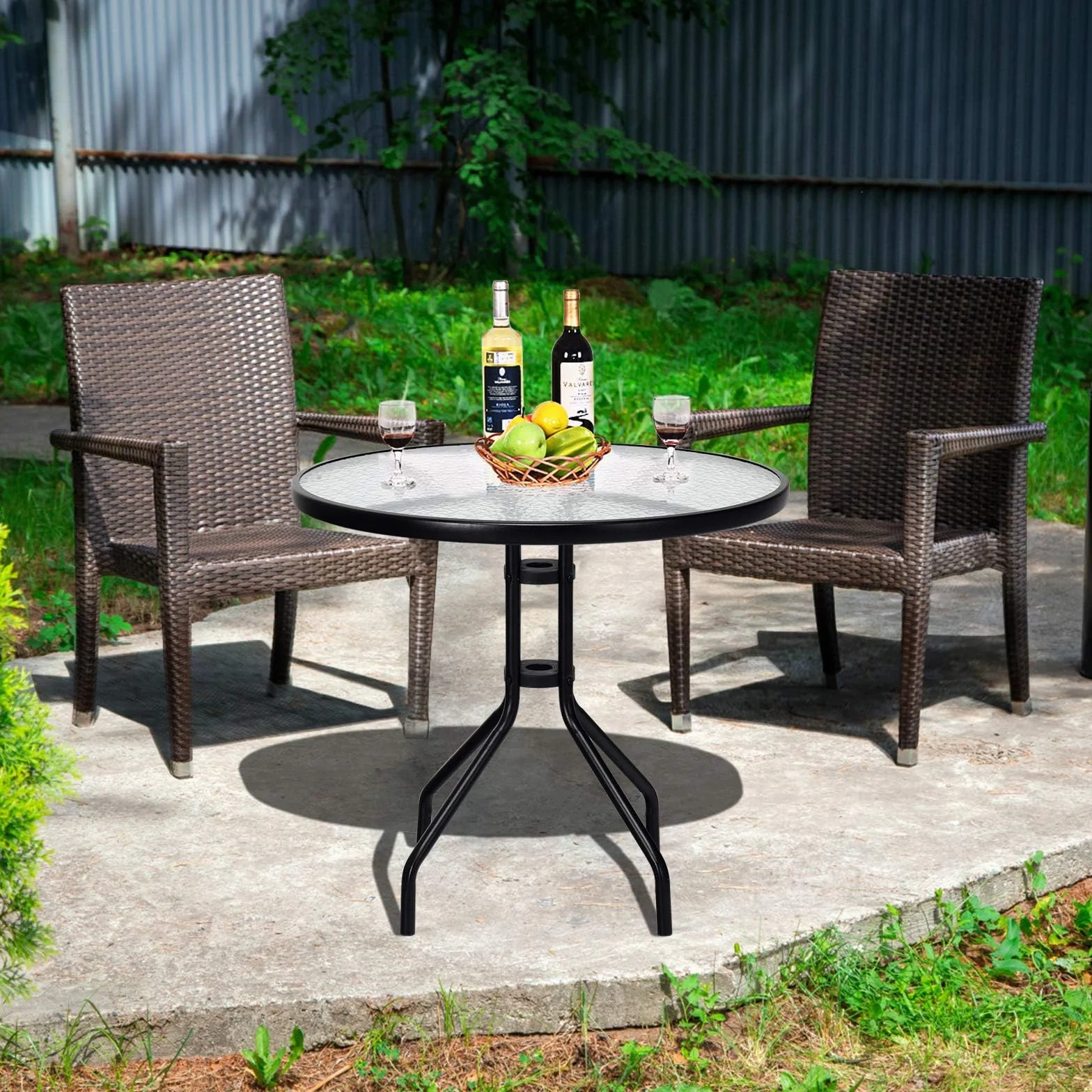 FANTASK Tavolo da giardino resistente alle intemperie, tavolo da balcone rotondo con foro per ombrellone, tavolo da terrazza con piano in vetro temperato, per cortile, 70 x 70 x 71 cm, terrazza e