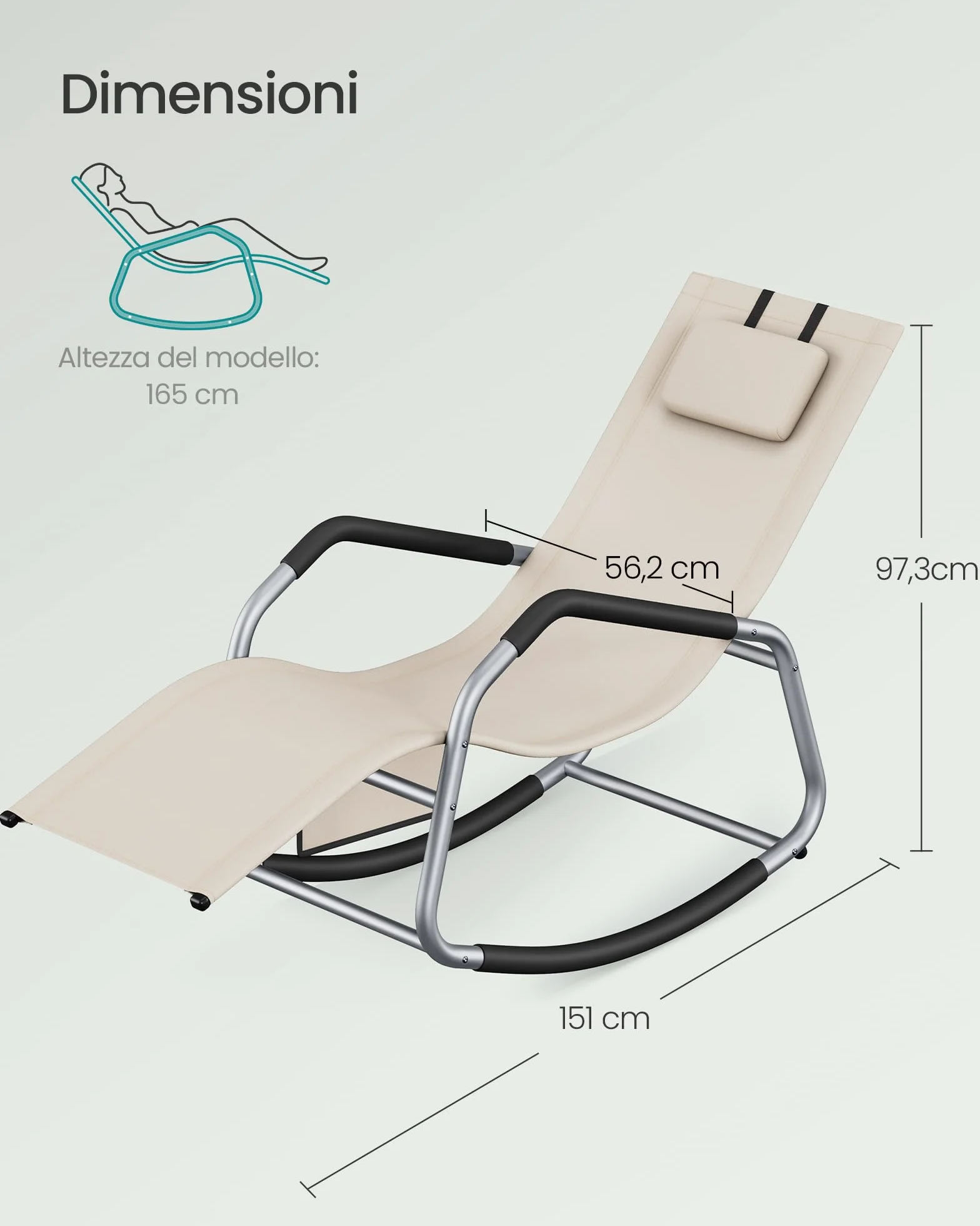 SONGMICS Sedia a Dondolo, Sedia a Sdraio Antiribaltamento, Cuscino Regolabile, Telaio in Acciaio, Tessuto Respirante, Tasca Portaoggetti, 151 x 56,2 x 97,3 cm, Beige GCB230WZ01