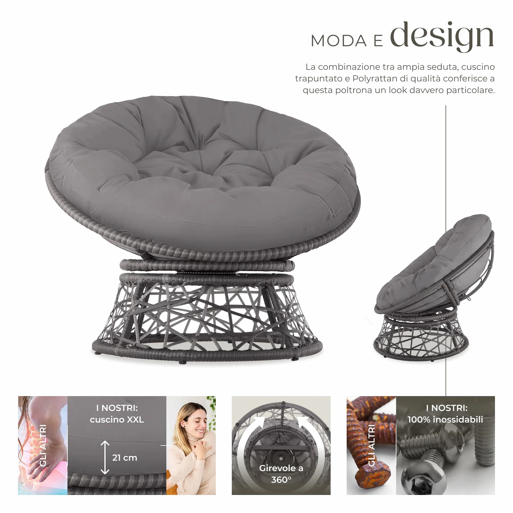 tectake®, Poltrona Rotonda in Rattan Girevole, Cuscino Confortevole, Sedia da Esterno, Giardino, Terrazzo, Stabile e Durevole, Grande Comfort, Adatta per Balcone e Giardino - Grigio