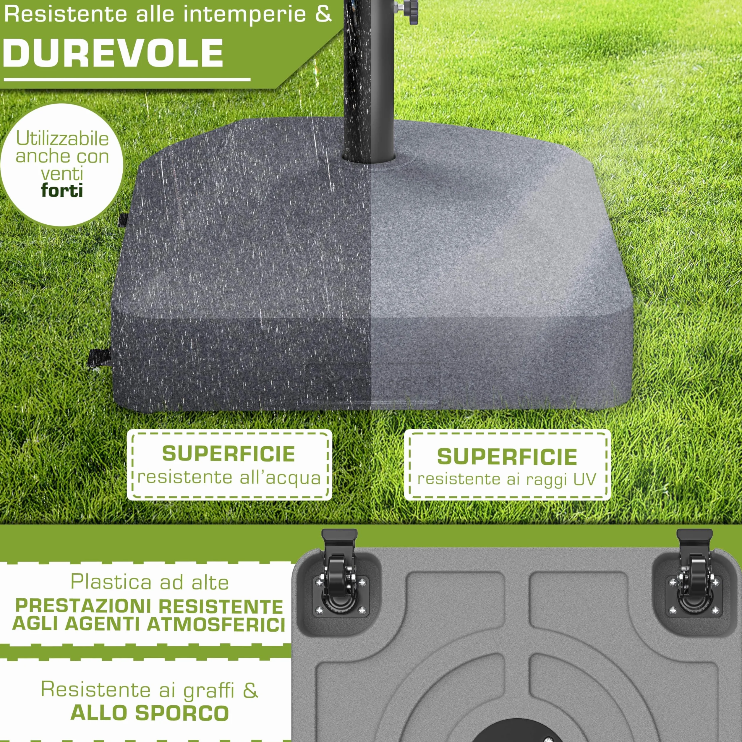 tillvex® Base per ombrellone GRAVIA e Ruote e Freni | Zavorra ombrellone riempibile 37L/56kg | Piedistallo per ombrelloni Giardino e Mercato Ø1,8-3,7m | Resistente a intemperie e UV (Effetto Granito)