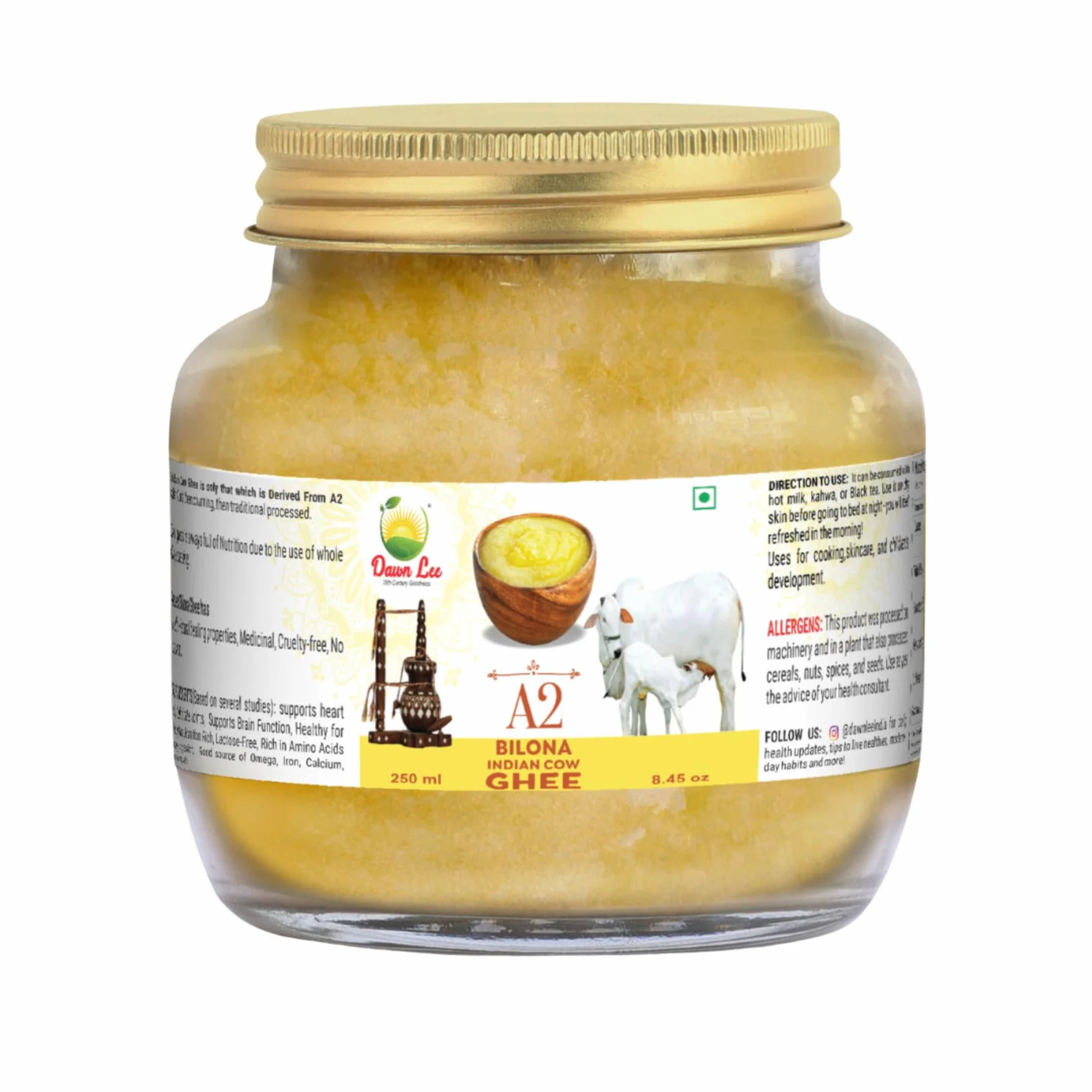 A2 Bilona Ghee – Realizzato con processo di stiratura – Riscaldamento lento – Proprietà curative naturali – Promuove ossa forti – Muscoli – Aiuta la digestione – Ghee naturale – 250 ml