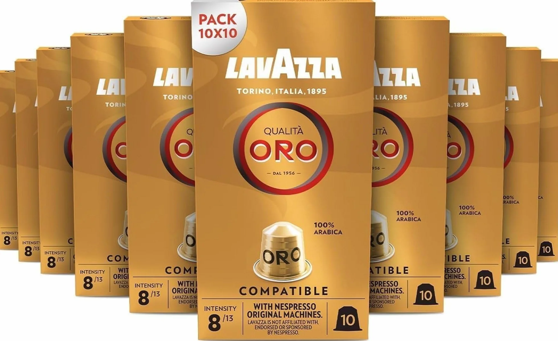 Lavazza, Qualità Oro, 100 Capsule in Alluminio, Note Fruttate e Floreali, 100% Arabica, Intensità 8/13, Tostatura Chiara, 10 Confezioni da 10 Capsule