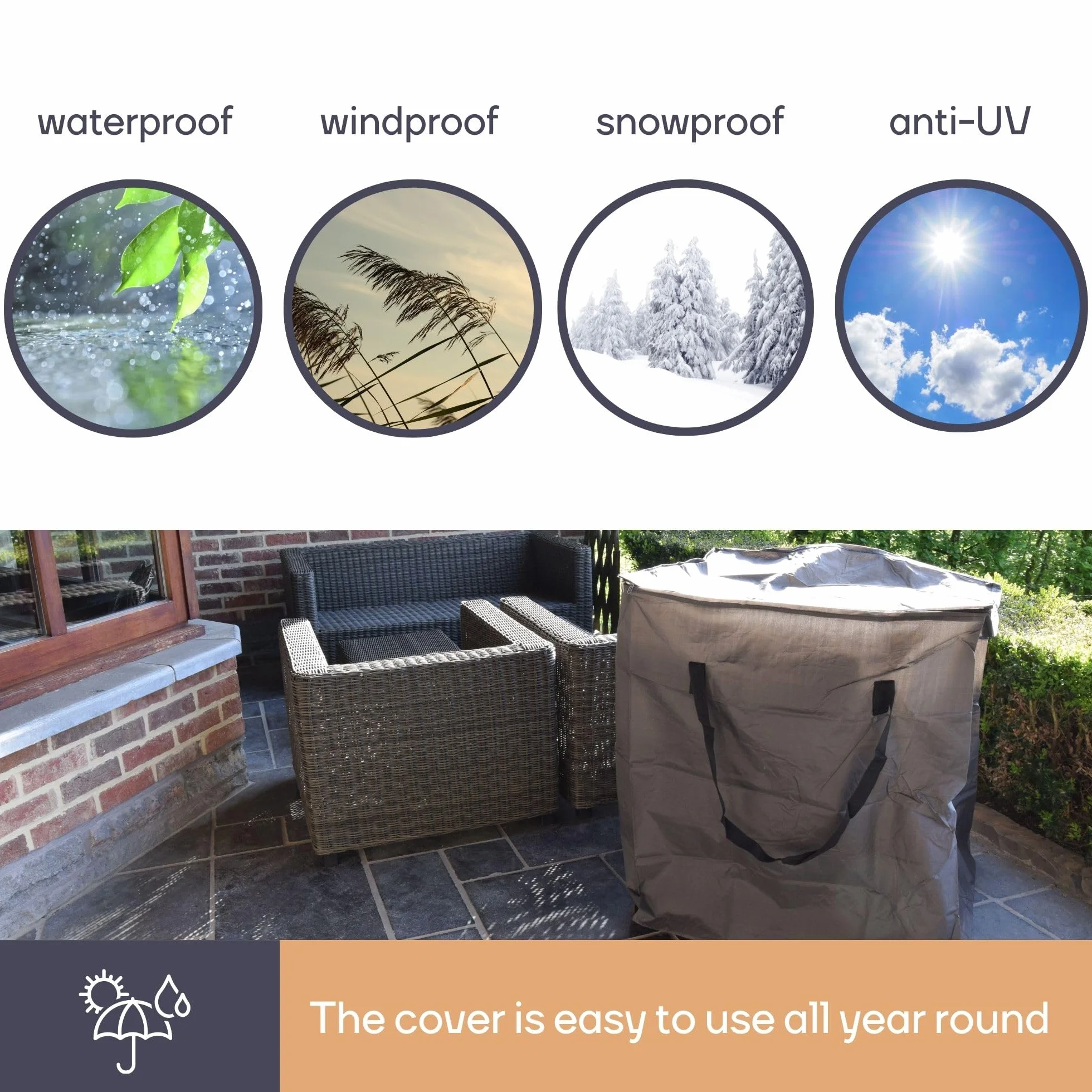 Perel Copertura per cuscini da esterno 75 x 75 x 90 cm, borsa porta cuscini impermeabile, sacca anti UV con maniglie per cuscini da giardino e lounge
