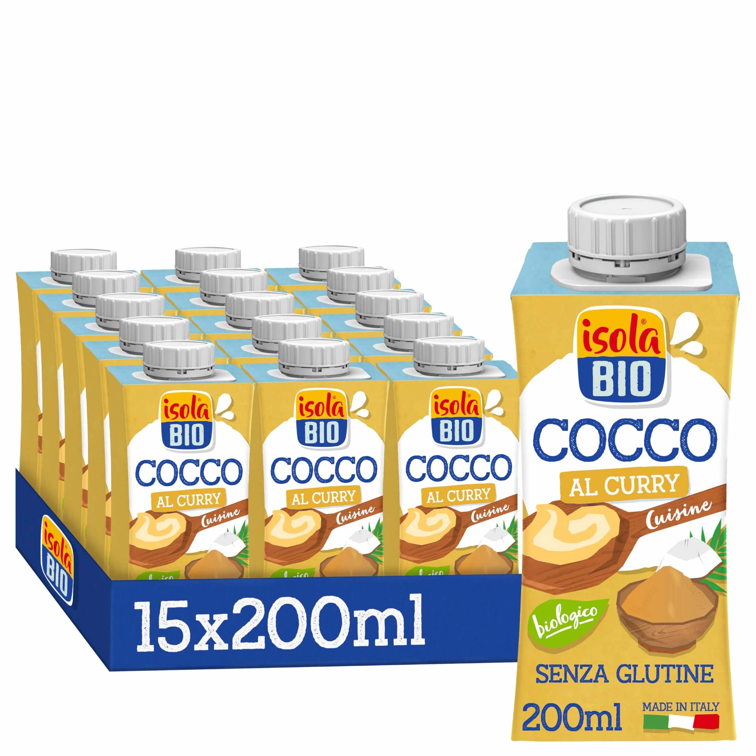ISOLA BIO Crema da Cucina Cocco al Curry Bio, Alternativa Vegetale alla Panna da Cucina, Biologica, Senza Glutine, 100% Ingredienti Naturali, Formato 15 x 200 ml