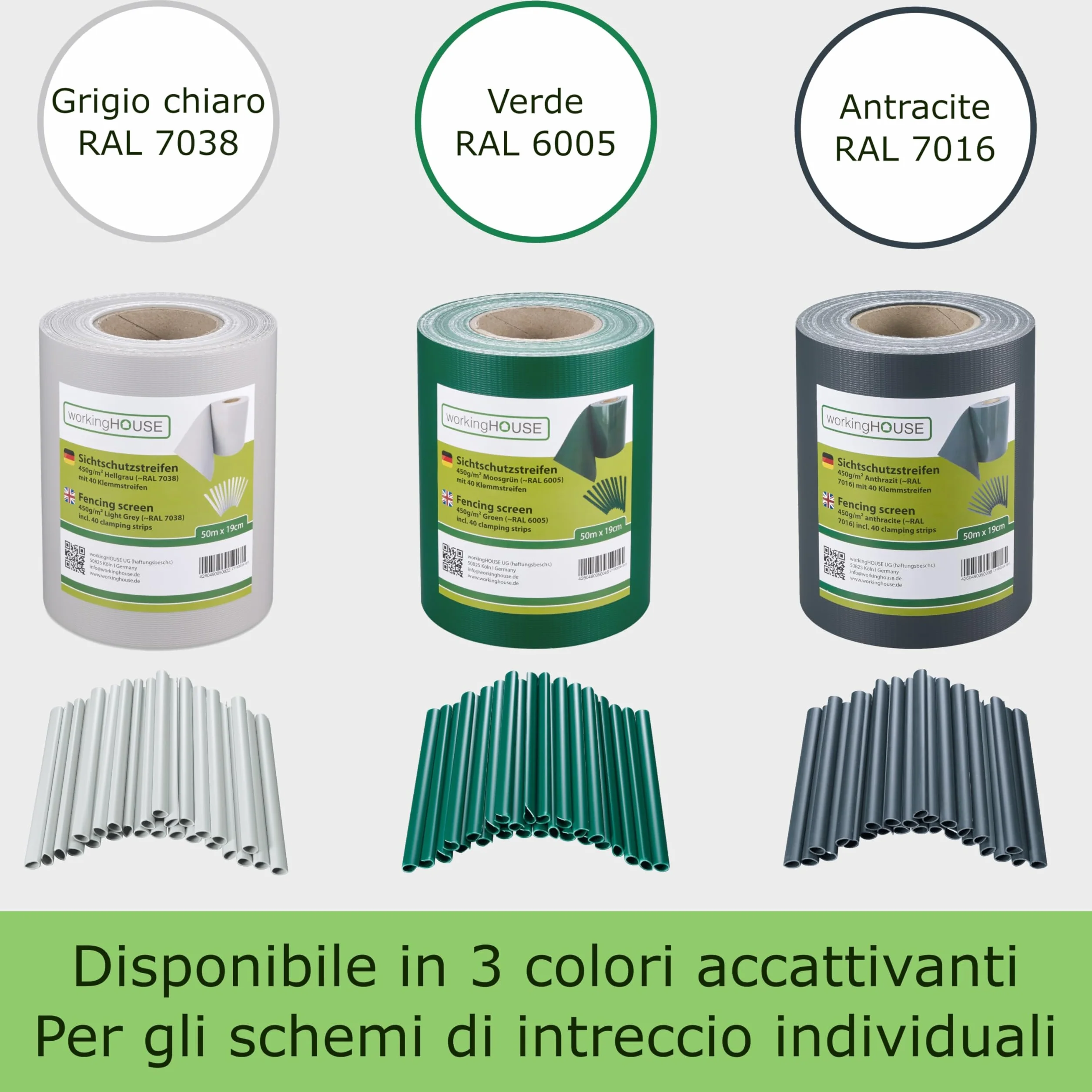 Workinghouse Schermo privacy in PVC per recinzione a doppio picchetto - schermo privacy da giardino con clip - 450g/m² - 50m x 19cm, schermo privacy per recinzione, pellicola per recinzione