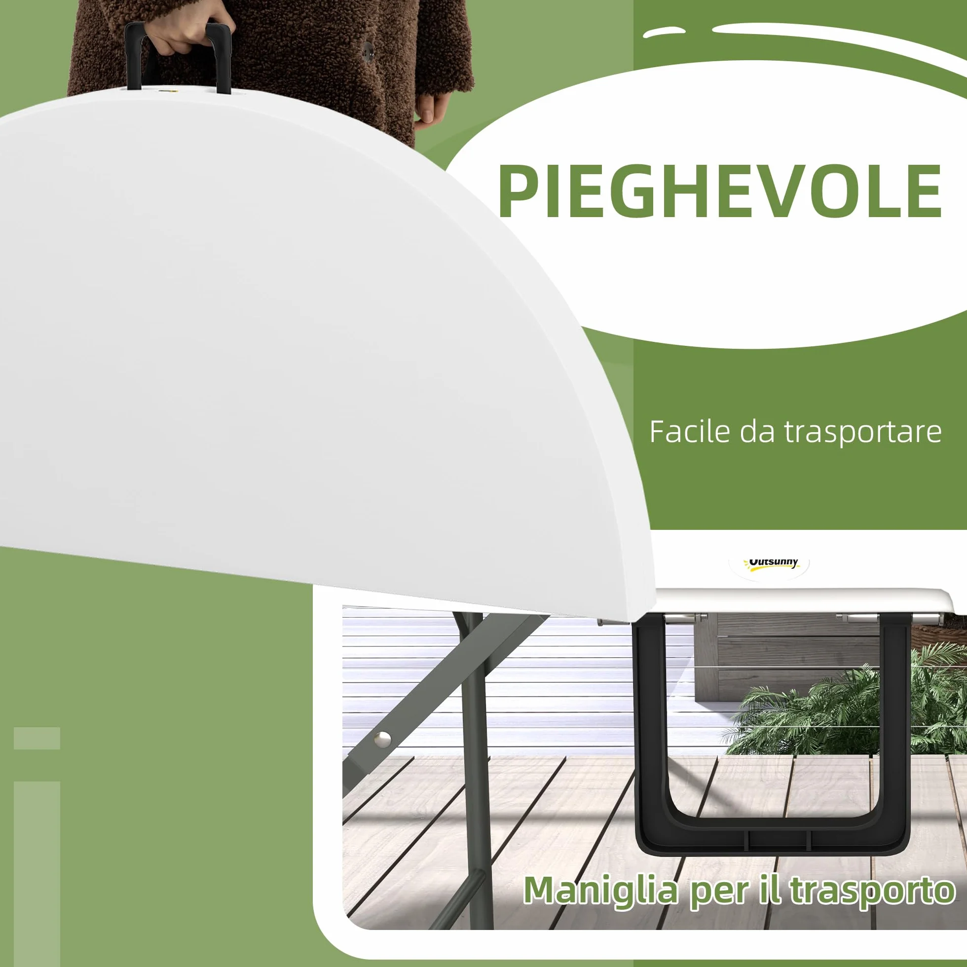 Outsunny Tavolo Pieghevole per Giardino, Balcone e Campeggio, Tavolo Rotondo in Acciaio e HDPE, Ø122x73 cm, Grigio e Bianco