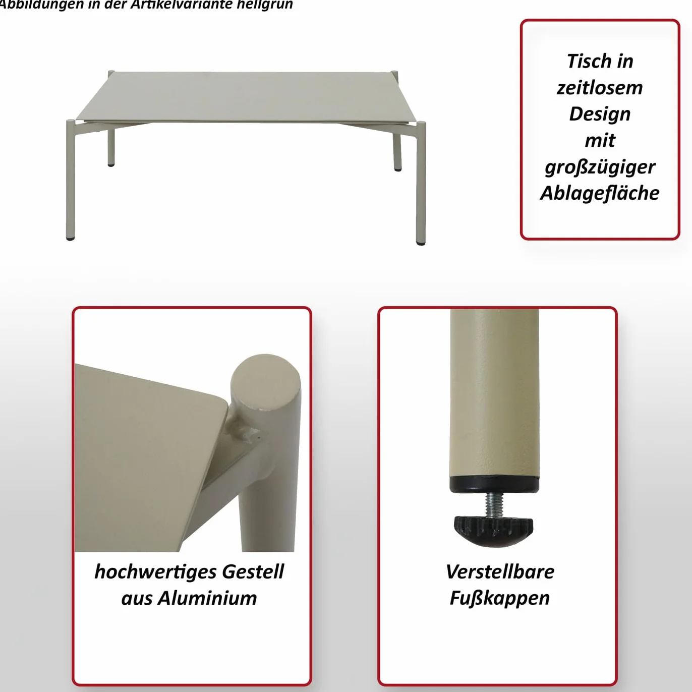 Mendler Tavolino da giardino in alluminio HWC-O11, tavolo da salotto per esterni da caffè da balcone, 105x65cm - verde chiaro