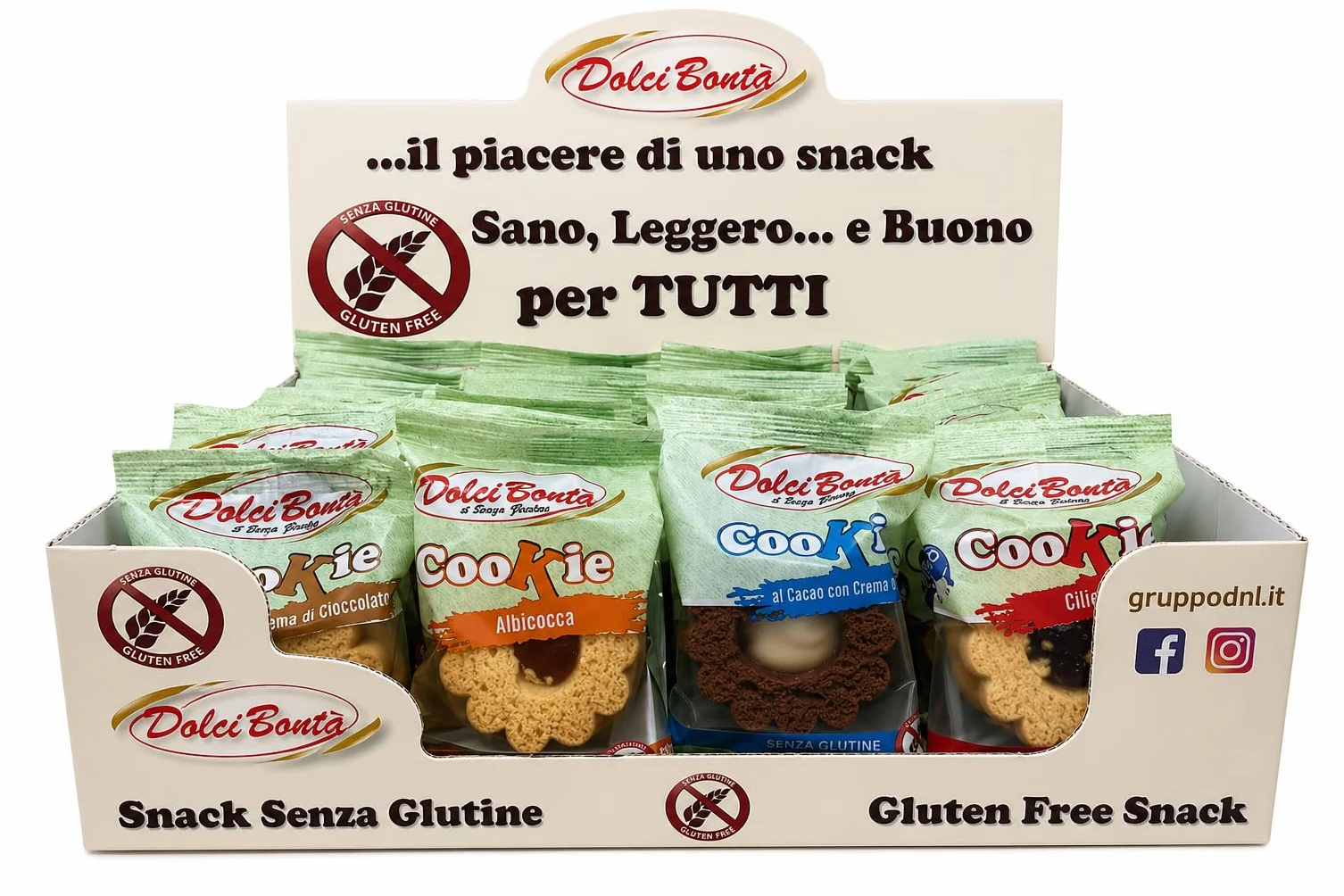 Biscotti Senza Glutine Monoporzione 28 Pezzi da 40g Assortiti 4 Gusti Giandui Albicocca Ciliegia Crema Latte Snack Dolce Box Espositiva Pratica per Casa Ufficio e Bar