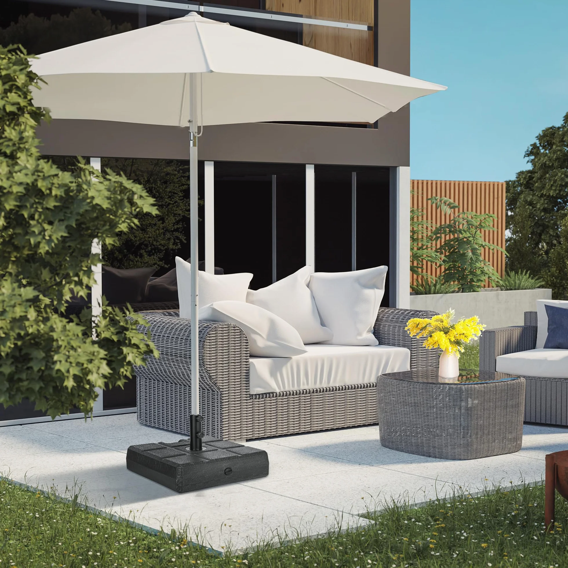 Outsunny Base per Ombrellone da Giardino Riempibile con Maniglia Incorporata e Beccuccio Laterale, Basamento per Ombrellone in HDPE, per Pali di Ombrelloni da Ø38/48 mm, 49x49x36.5 cm, Nero