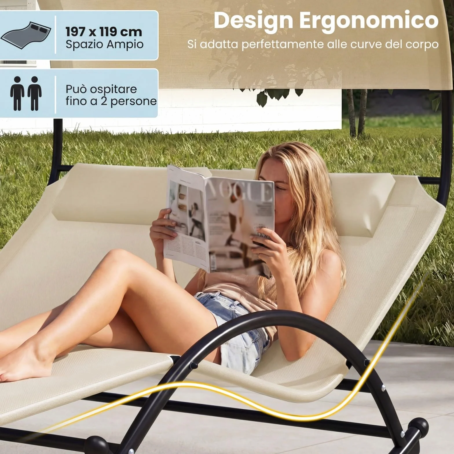 COSTWAY Lettino Prendisole a 2 Posti, Lettino in Tessuto Textilene, con 2 Poggiatesta Staccabili, Sedia a Dondolo da Giardino con Struttura Metallica, Lettino con Tettuccio Portata 300 kg (Beige)