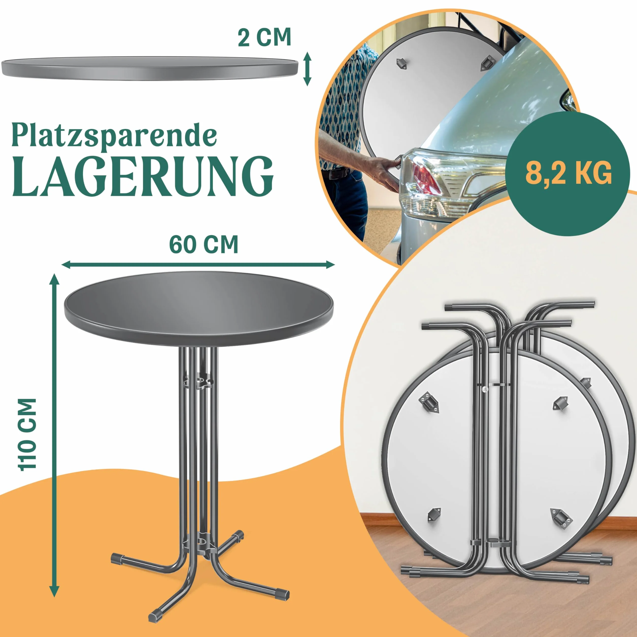 KESSER Gastro Tavolo da bistrot pieghevole, set da 2 pezzi, piastra in acciaio inox verniciato a polvere, piedini regolabili in altezza, tavolo per feste, diametro 60 cm, tavolo da ricevimento per