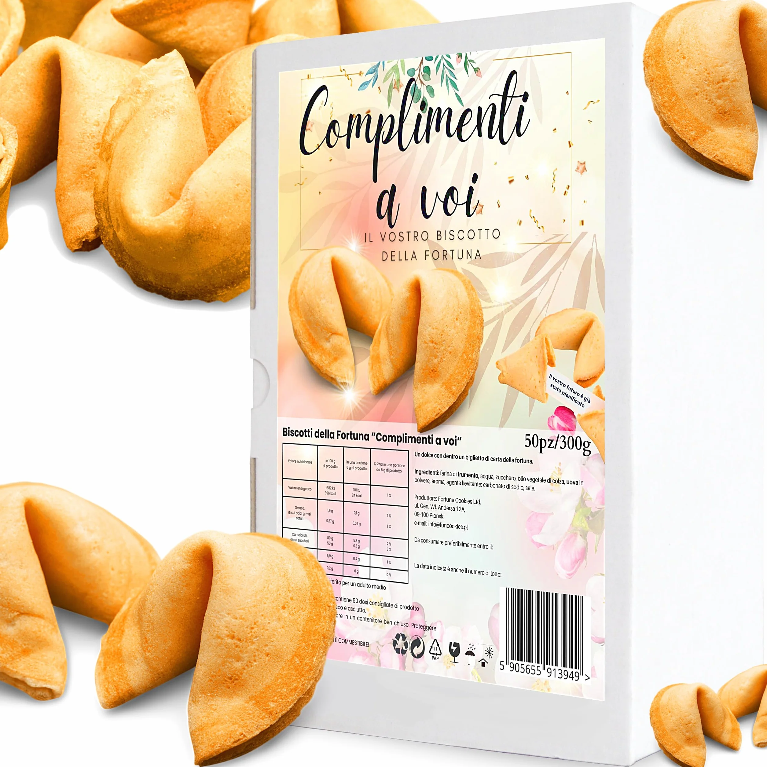 D&D Fun Cookies Biscotti della Fortuna 50 pezzi | Biscotti portafortuna "Сomplementi"| Biscotti della fortuna cinesi | Biscotti confezionati singolarmente | Biscotti regalo | Fortune Cookies