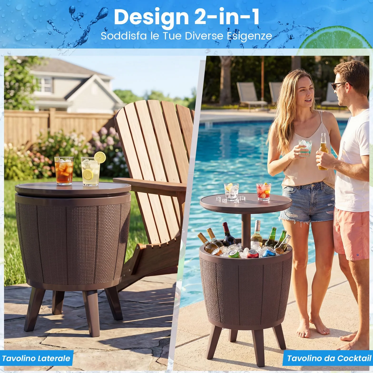 COSTWAY 2 in 1 Tavolino Frigo 38L da Esterno, Secchiello Ghiaccio Regolabile in Altezza 49 x 59-84H cm, Tavolo Bar con Tappo di Drenaggio, per Piscina, Cortile e Campeggio (Marrone)