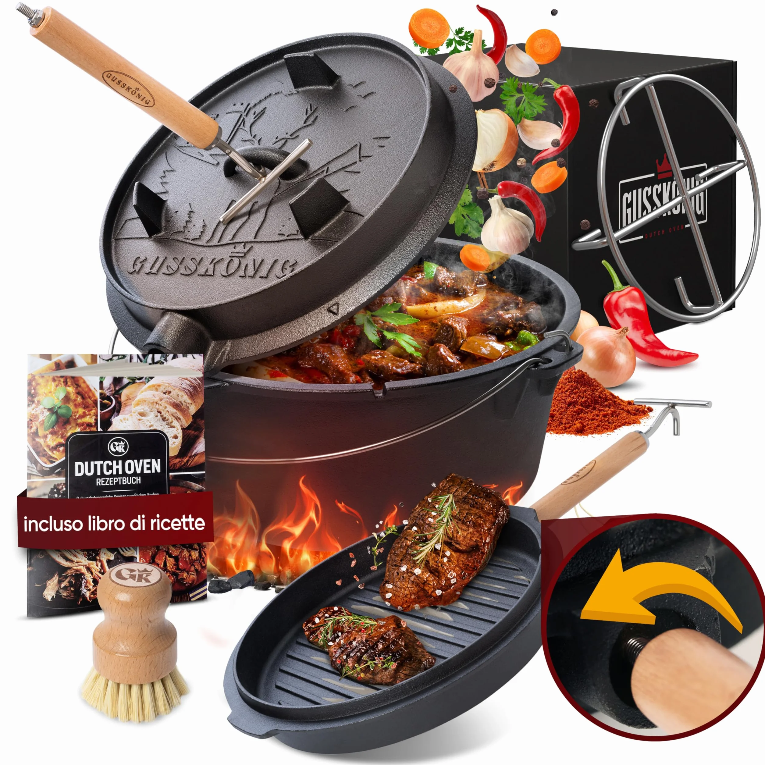 GUSSKÖNIG Set di pentole in ghisa con coperchio- 7 Litri-senza piedini -Teglia per il pane in ghisa-Incluso sollevatore del coperchio 2in1,spazzola e ricettario per il forno olandese [per3-5 persone]