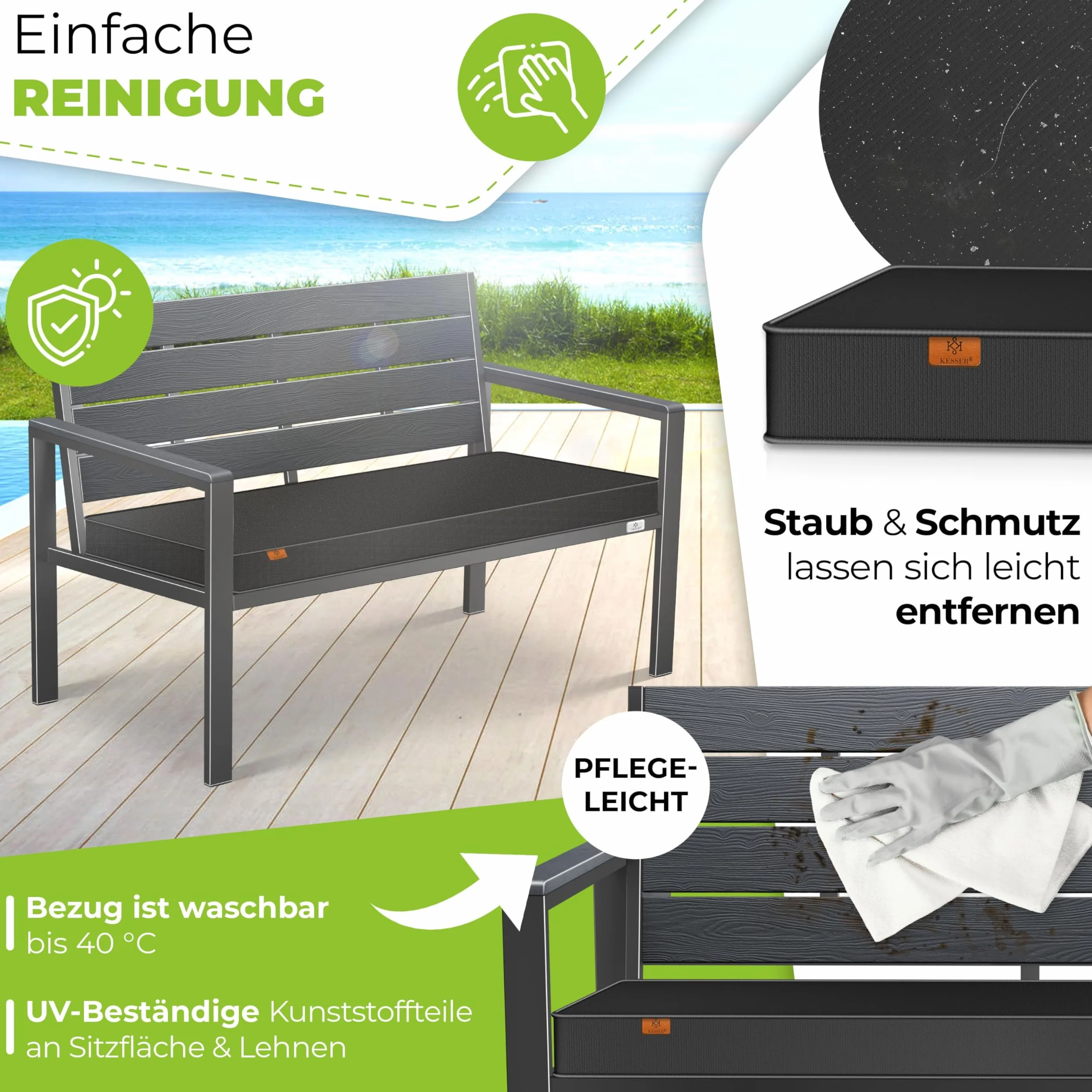 KESSER® Panca da giardino con cuscino, resistente alle intemperie, 2 posti, effetto legno, per balcone, terrazza, balcone, portata fino a 300 kg, resistente ai raggi UV, con rivestimento imbottito