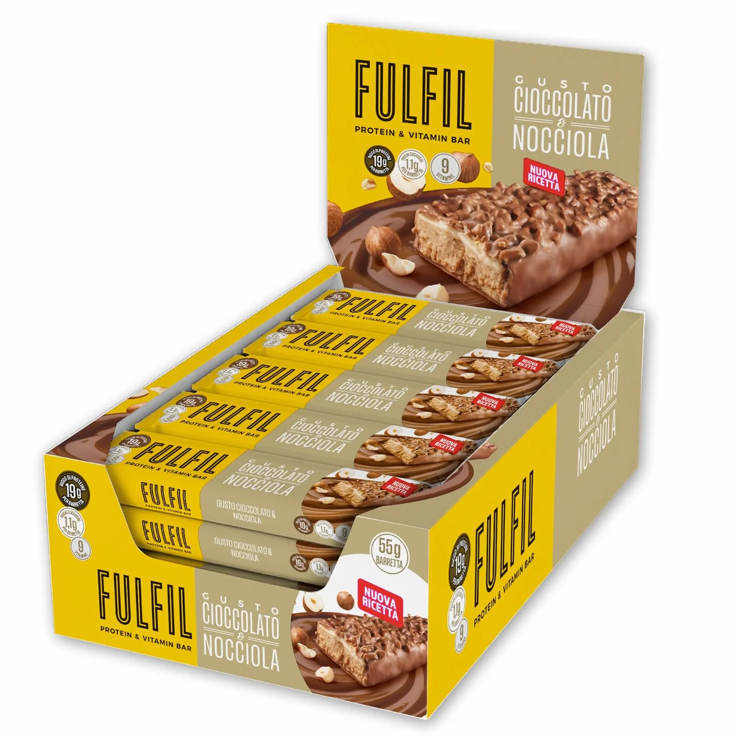 FULFIL - 15 Barrette Proteiche da 55 Grammi, Gusto Cioccolato e Nocciola con 9 Vitamine e Pochi Zuccheri, Confezione da 825 Grammi