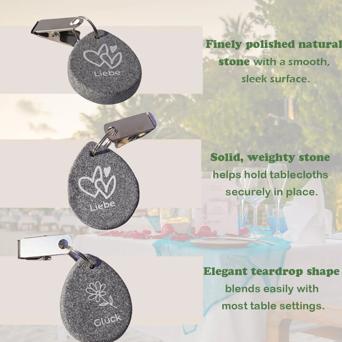 8 Pesi per Tovaglia in Marmo con Clip, Alta qualità e Stabilità, Ideali per Interni ed Esterni, Accessori Antivento per Tovaglie di Cucina, Giardino e Feste (Marmo Grigio)