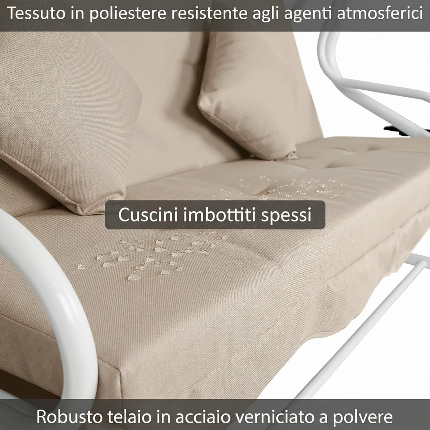 Marvin Dondolo Letto da Giardino 4 Posti Harmony con Tetto Parasole Struttura in Acciaio e Cuscino Imbottito 10 cm Altalena da Esterno Terrazzo (Bianco/Ecrù)