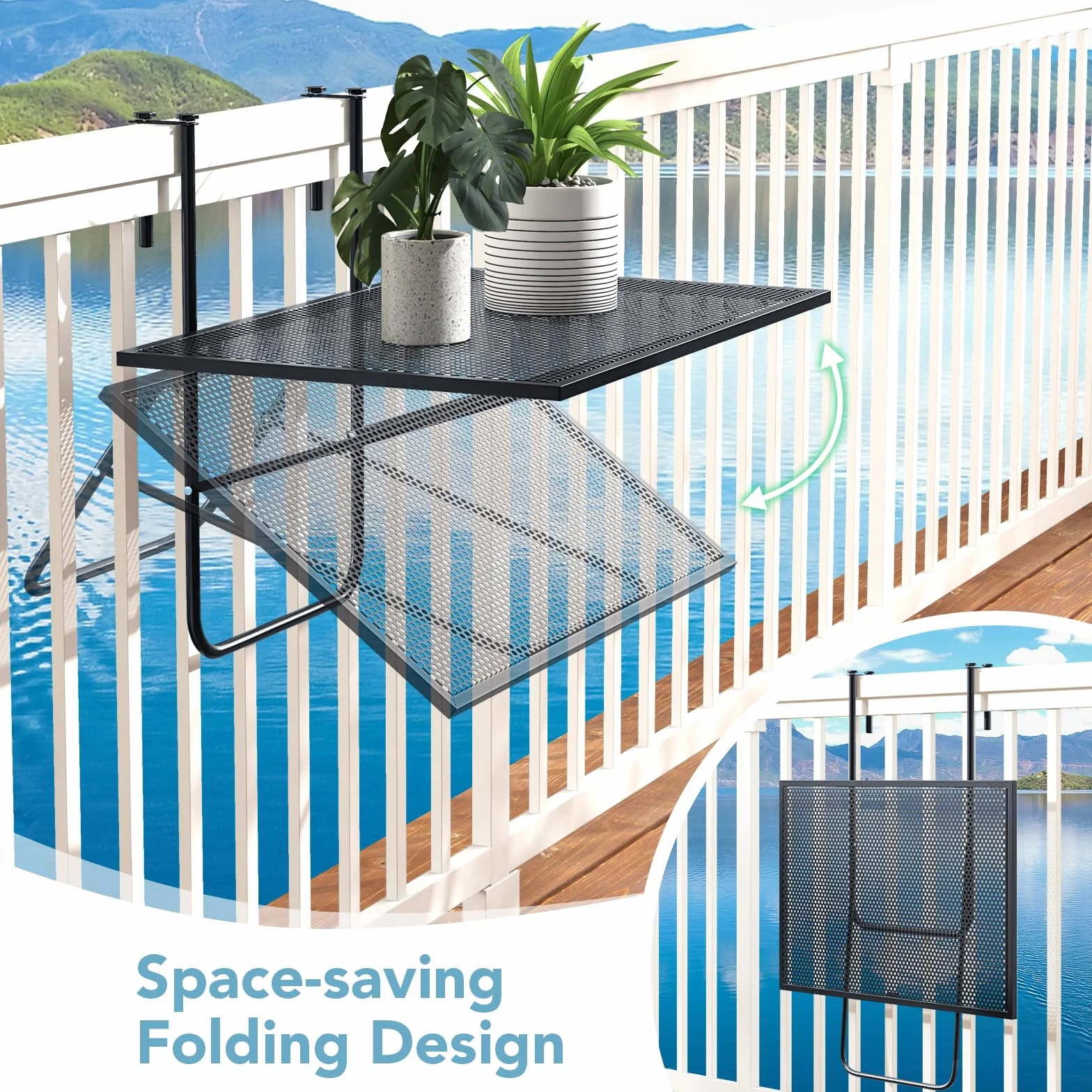 GIANTEX Tavolo da Balcone Appeso, Tavolo Pieghevole per Ringhiere fino a 6 cm di Spessore, Tavolino Salvaspazio per Ringhiere Esterne con Telaio in Metallo per Patio, Portico, Terrazza, Nero