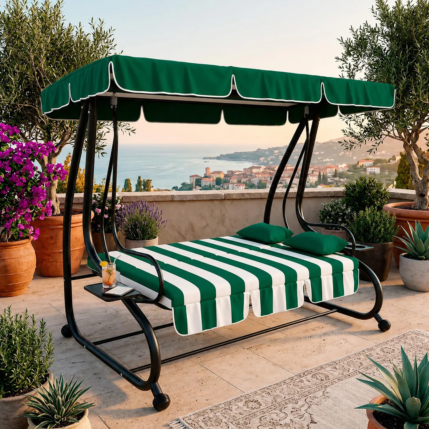 Dondolo 3 Posti Reclinabile Madeira Tettuccio Parasole Regolabile Cuscini Imbottiti Diventa Letto In Acciaio Verniciato Giardino Esterno Balcone Terrazzo 200 x 120 x 160 cm Verde E Bianco