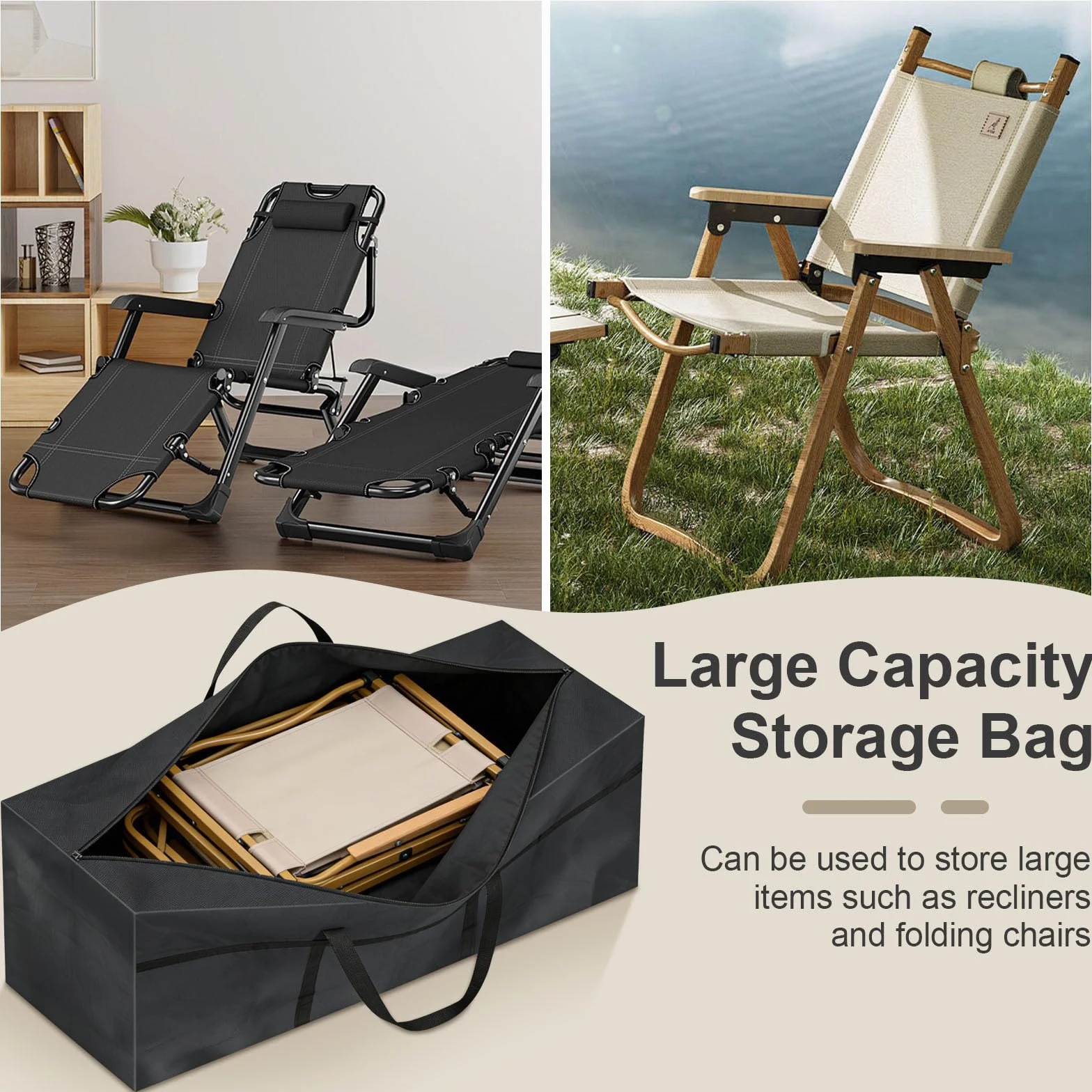 Borsa di Stoccaggio per Esterni, Borsa per Cuscini da Giardino con Cerniera e Maniglie per Biancheria da Letto Materassi Coperte Trapunte e Cuscini, 110x60x35 CM, Nero