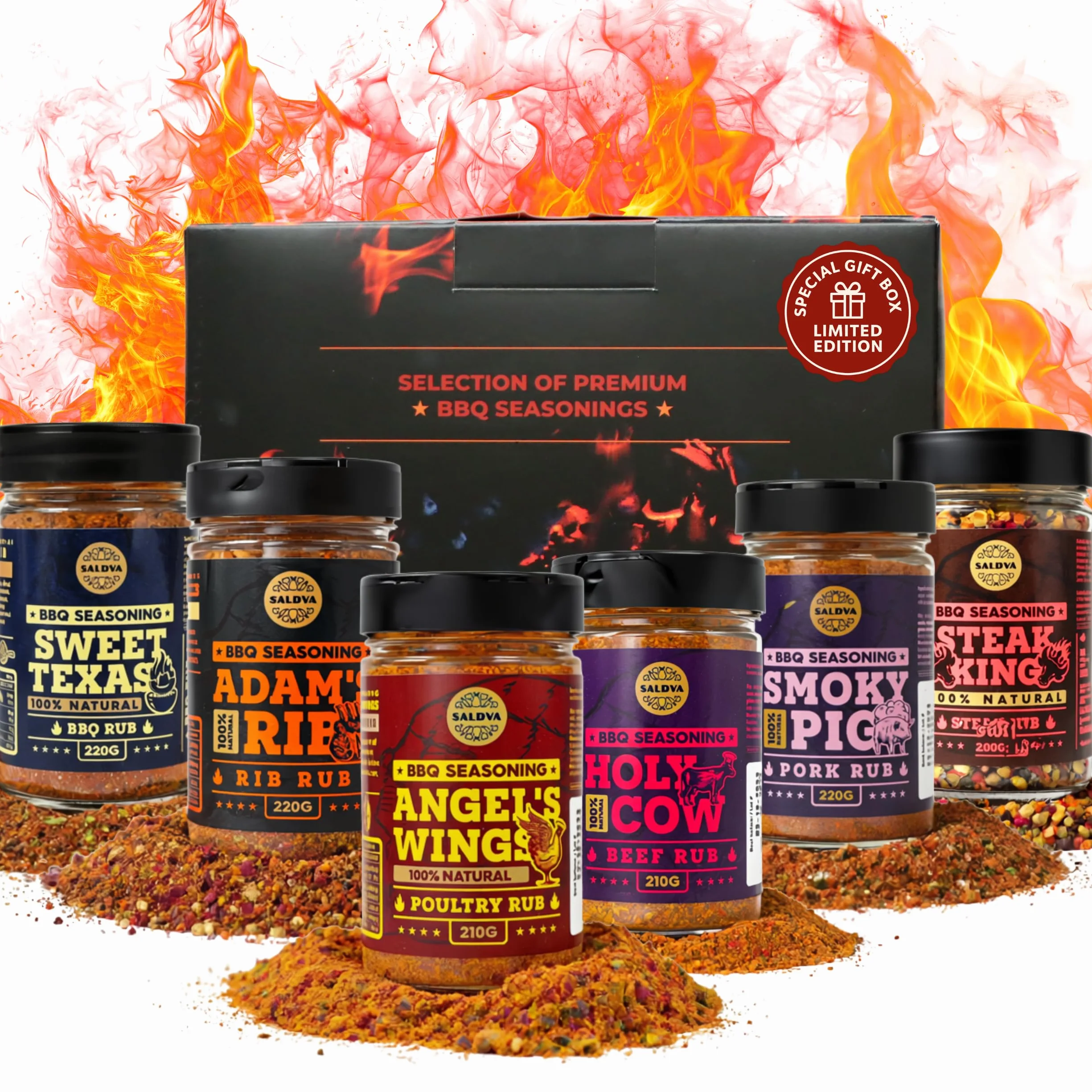 Meat Lovers BBQ Rub Gift Set - Holy Cow, Angel’s Wings, Smoky Pig, Sweet Texas, Steak King & Adam's Ribs BBQ Rubs | Pack of 6 | 100% Natural | Spice Gift For Foodie