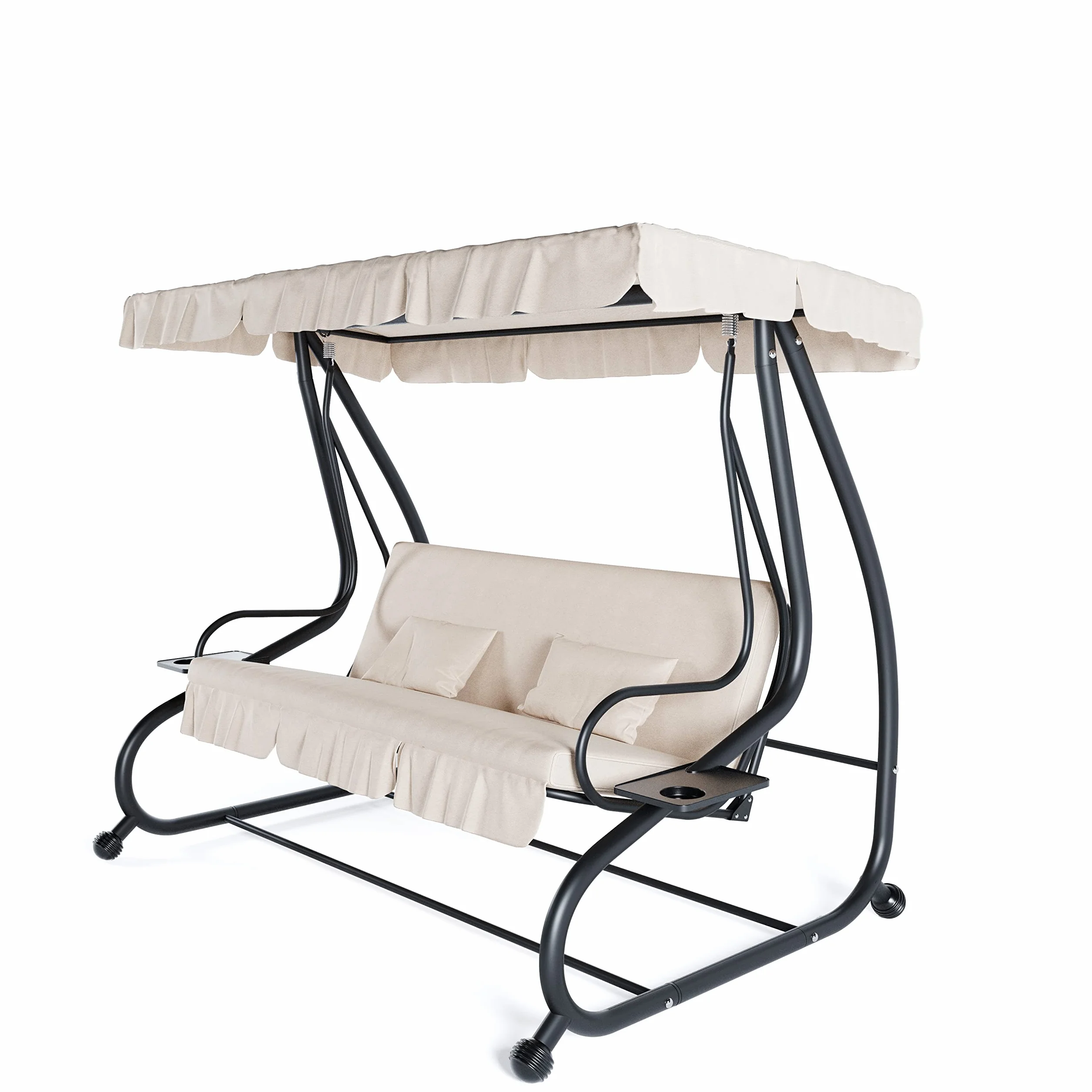 Dondolo 3 Posti Reclinabile Con Parasole Tettuccio Regolabile Cuscini Imbottiti Diventa Letto Struttura Robusta In Acciaio Verniciato Giardino Esterno Balcone Terrazzo 200 x 120 x 160 cm (Beige)