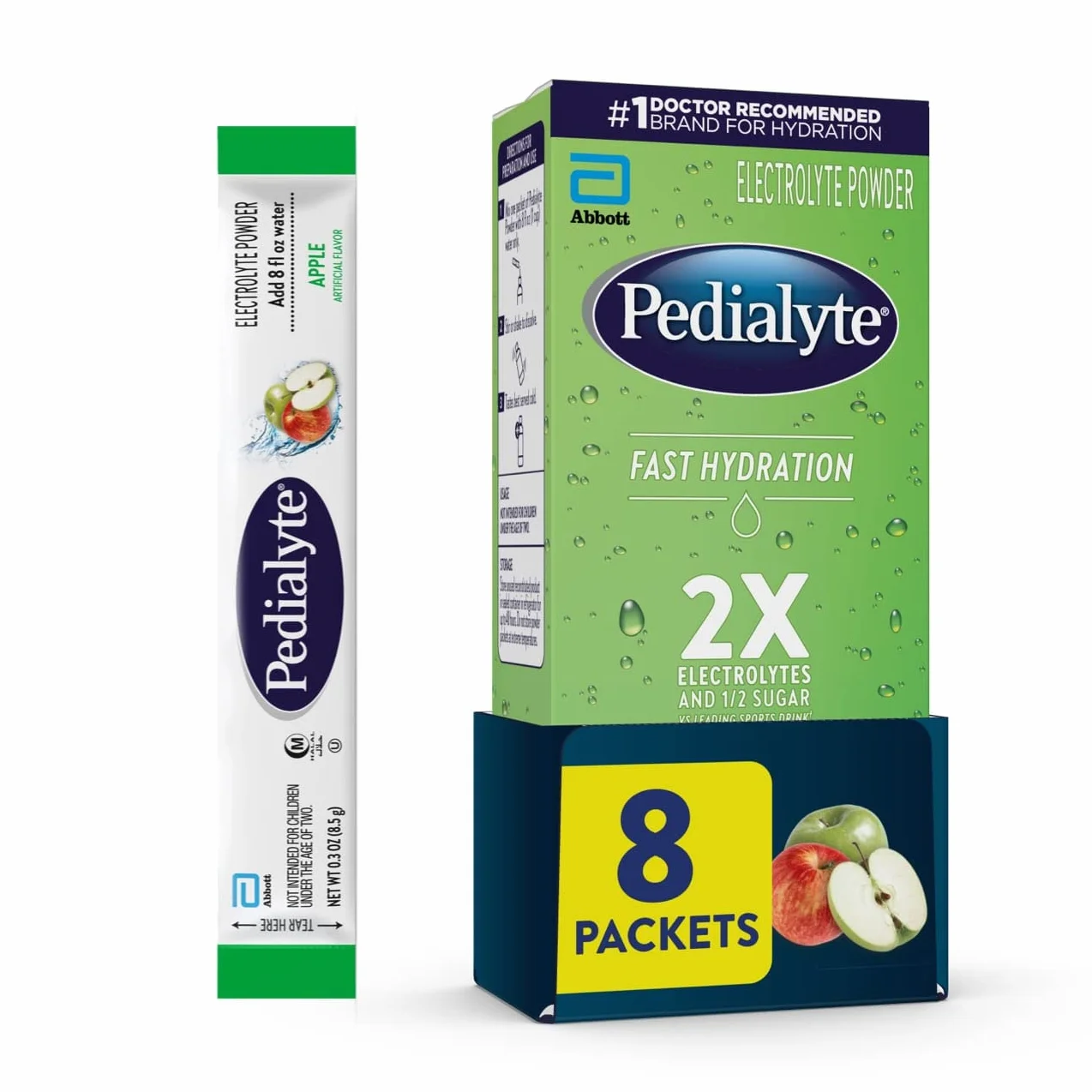 Pedialyte Pacchetti di polvere elettrolitica ad idratazione rapida, mela, bevanda idratante, 8 pacchetti di polvere monodose