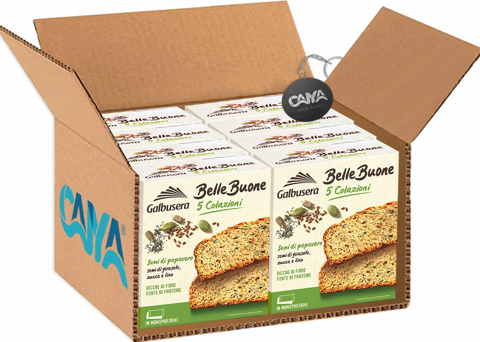 Galbusera BelleBuone 5 Colazioni Fette Spesse con Semi di Papavero, Girasole, Zucca e Lino 200g [CAIYA® BOX da 8 Confezioni]