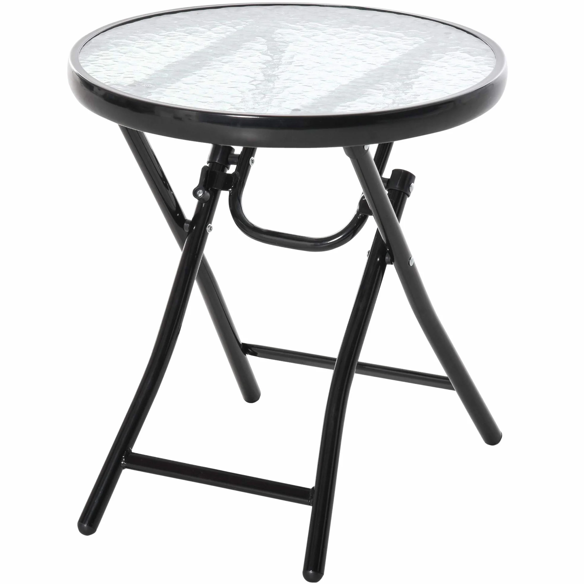 Outsunny Tavolo da Giardino Pieghevole in Metallo con Ripiano in Vetro e Blocco di Sicurezza, Φ45x50cm Nero