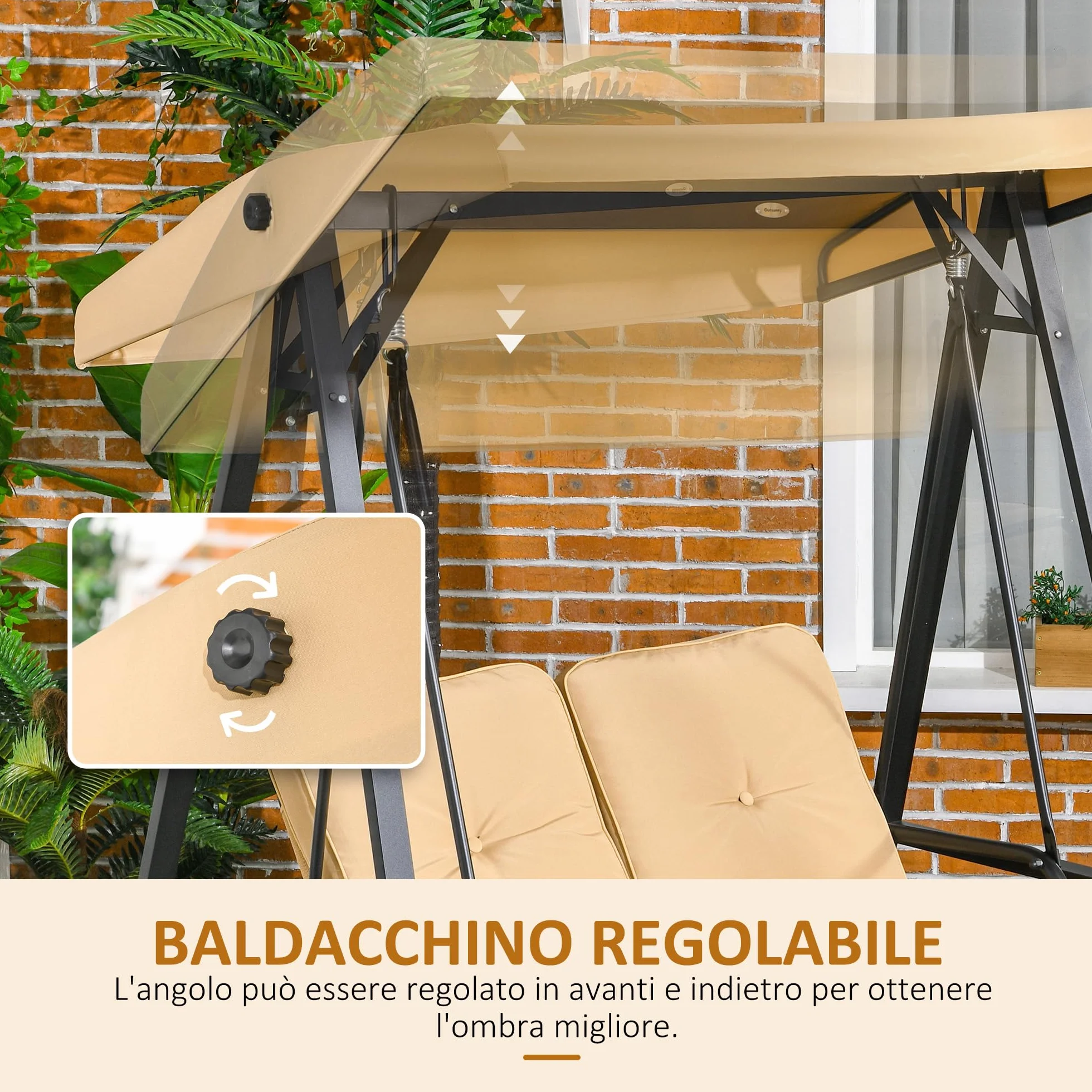 Outsunny Dondolo da Esterno con Tettuccio Regolabile e Cuscini, Dondolo 2 Posti in Acciaio e tessuto Teslin, 145x116x172 cm, Beige