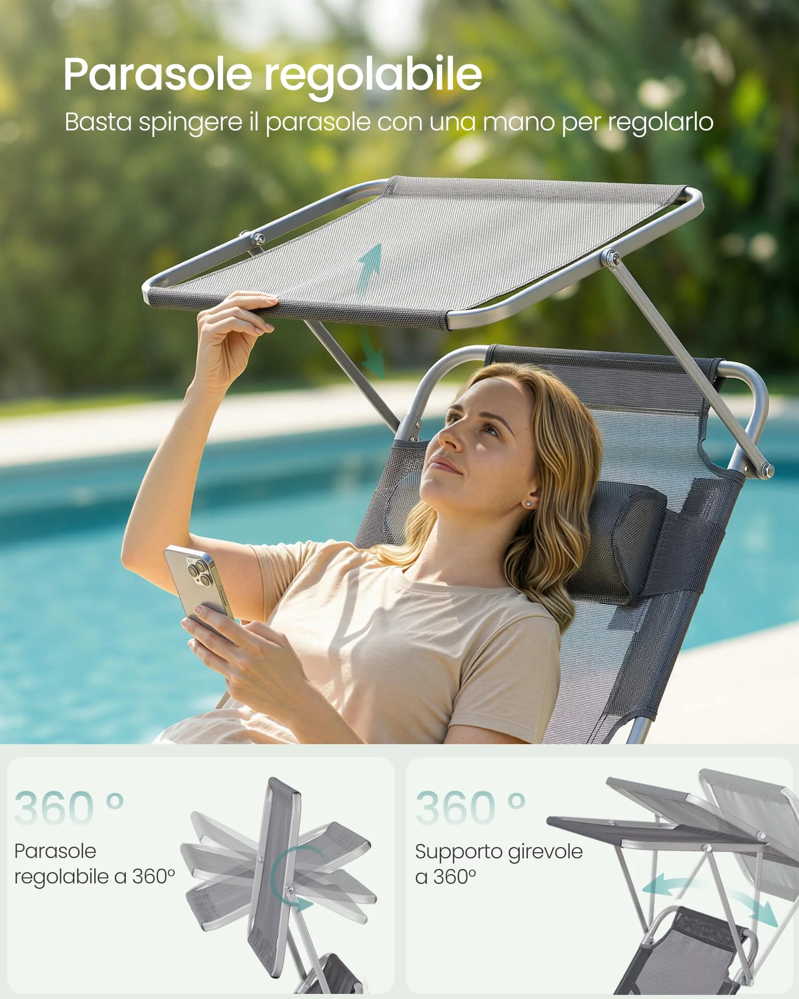 SONGMICS Set da 2 Sedie a Sdraio Pieghevoli, 189 x 53 x 28,5 cm, con Cusicni, Lettini Prendisole, Portata 110 kg Ciascuno, Parasole e Schienale Regolabili, per Terrazza e Balcone, Grigio GCB292GZ02