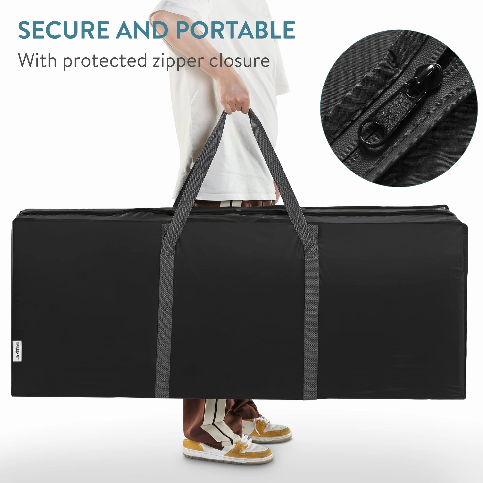 JEMIDI Porta Cuscini da Esterno - Borsa per Cuscini da Giardino - 125 x 30 x 50cm - Custodia Portaoggetti Accessori Mobili da Giardino - Contenitore con Manico e Cerniera - Nero