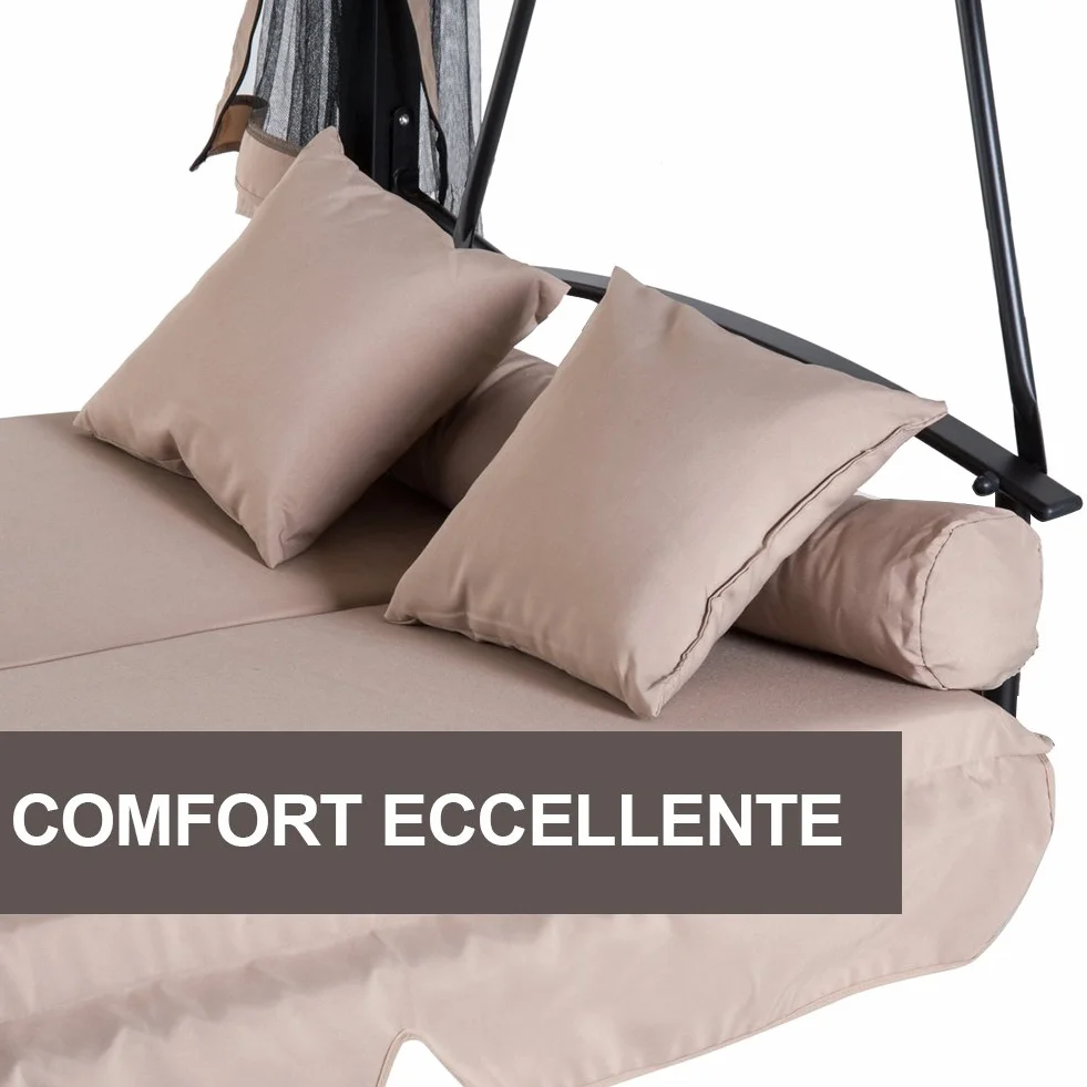 BAKAJI Gazebo Parasole da Giardino con Dondolo Letto e Zanzariere 3 posti, Modello Extra-Lusso Cleopatra, Amaca Altalena Trasformabile in Letto Matrimoniale, Colore Beige