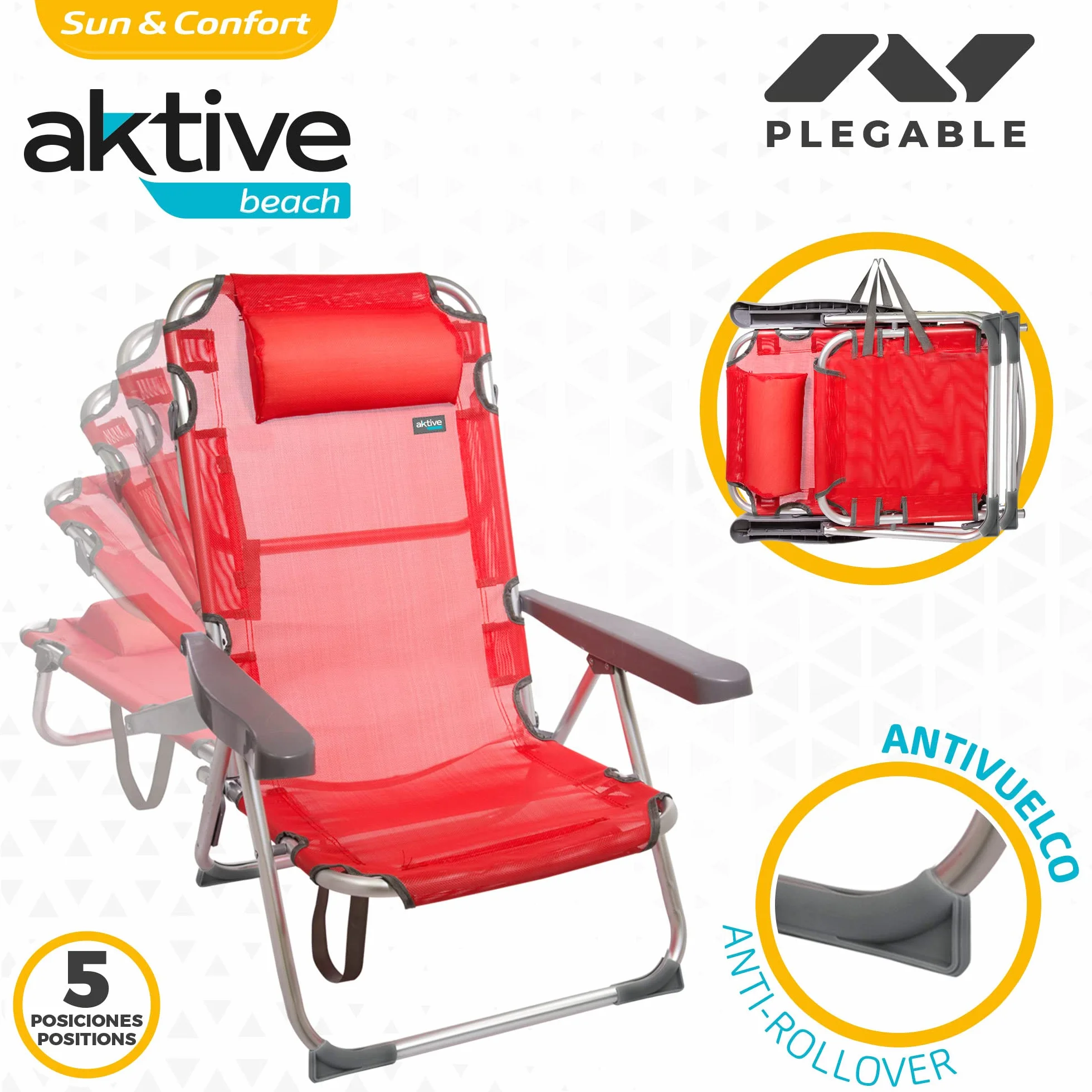 AKTIVE 62265 - Confezione da 2 sedie alte pieghevoli con cuscino per spiaggia, giardino, terrazza o campeggio | Misure 48x60x90cm | Braccioli resistenti ed ergonomici