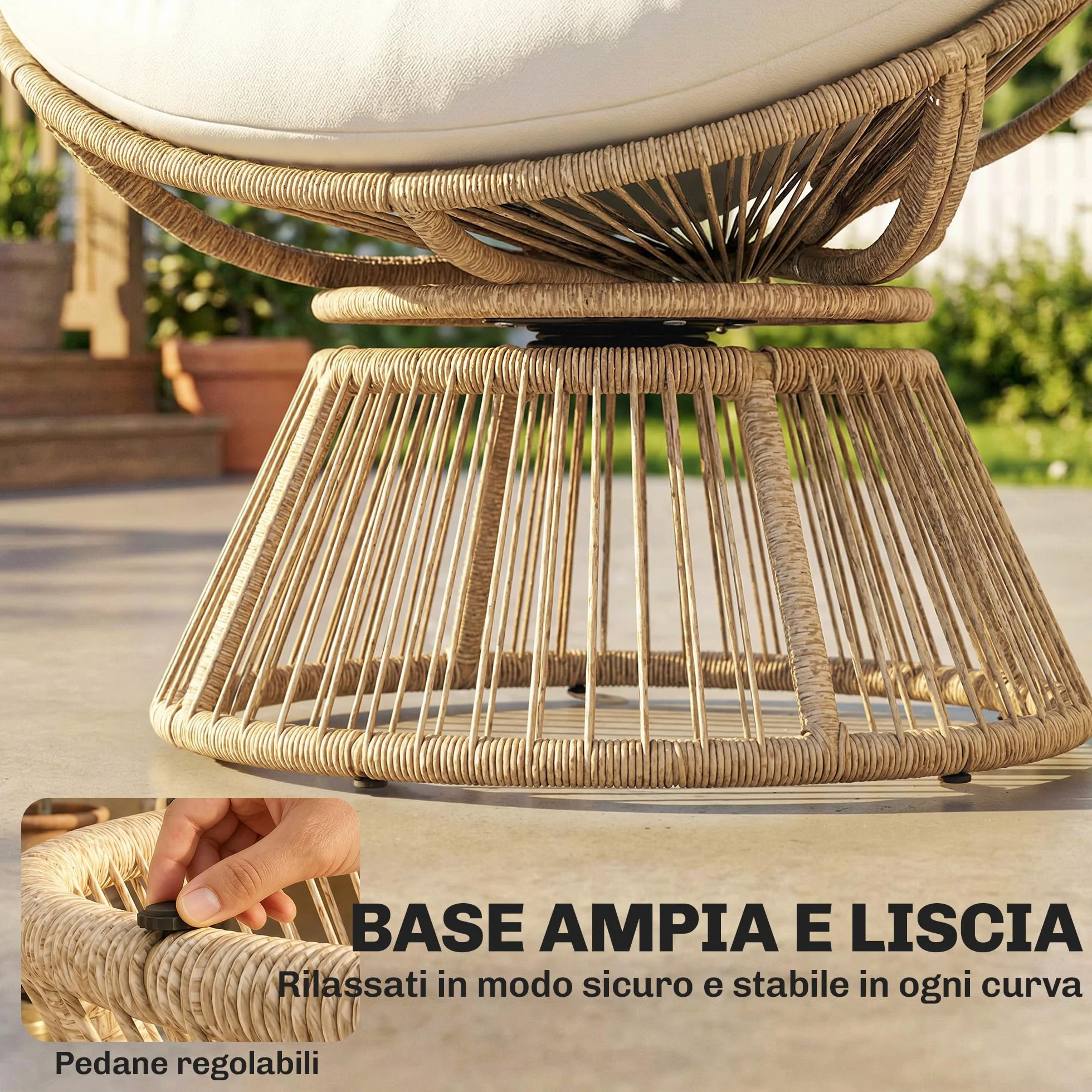 Outsunny Poltrona Papasan in Rattan Girevole a 360°, Poltrona da Giardino Girevole con Cuscino Oversize da 110 cm e Struttura in Acciaio, per Interni ed Esterni, Bianco Crema