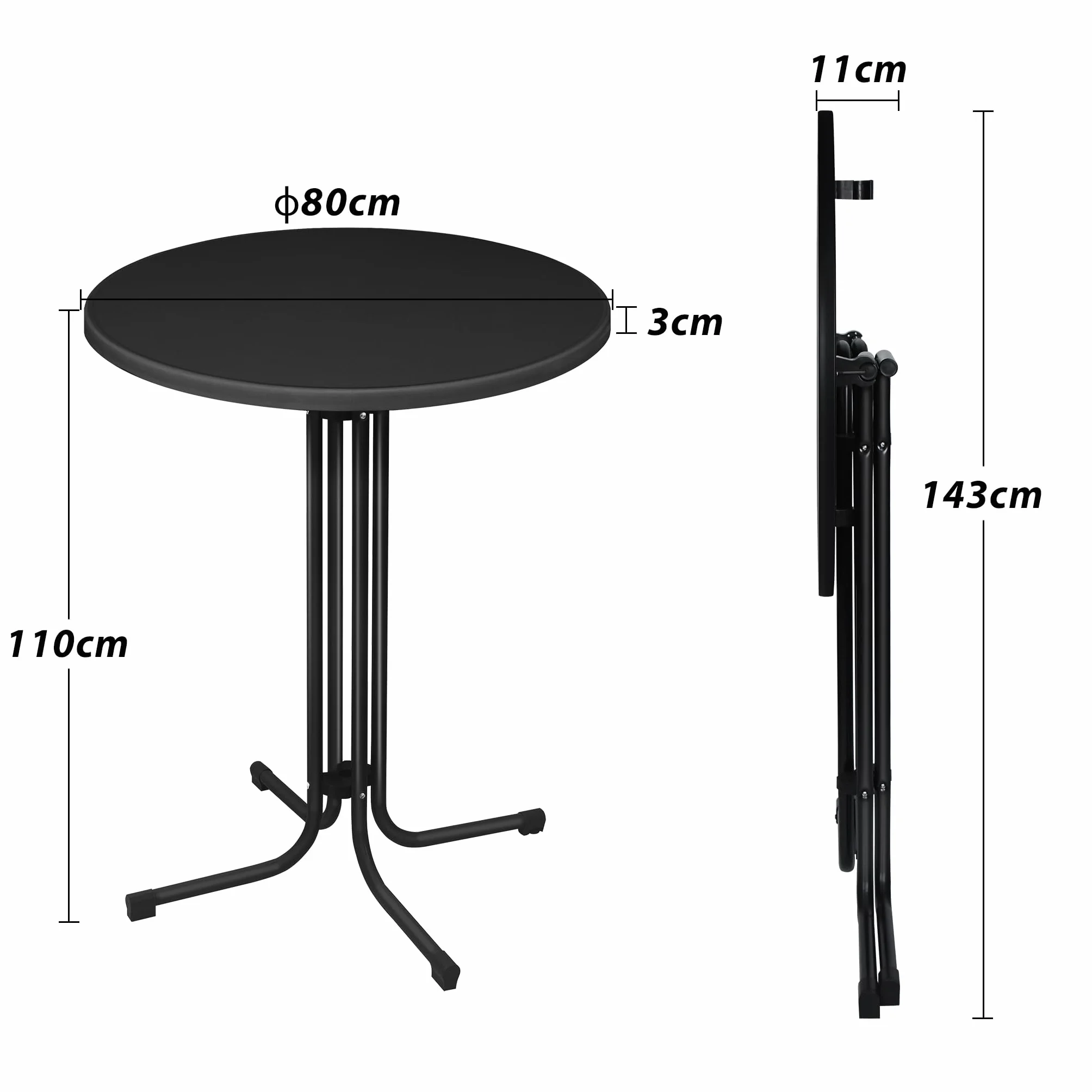 XMTECH Tavolo da bistrot pieghevole, Ø 80 cm, rotondo, altezza 110 cm, resistente alle intemperie, piedini regolabili in altezza, per interni ed esterni, colore nero