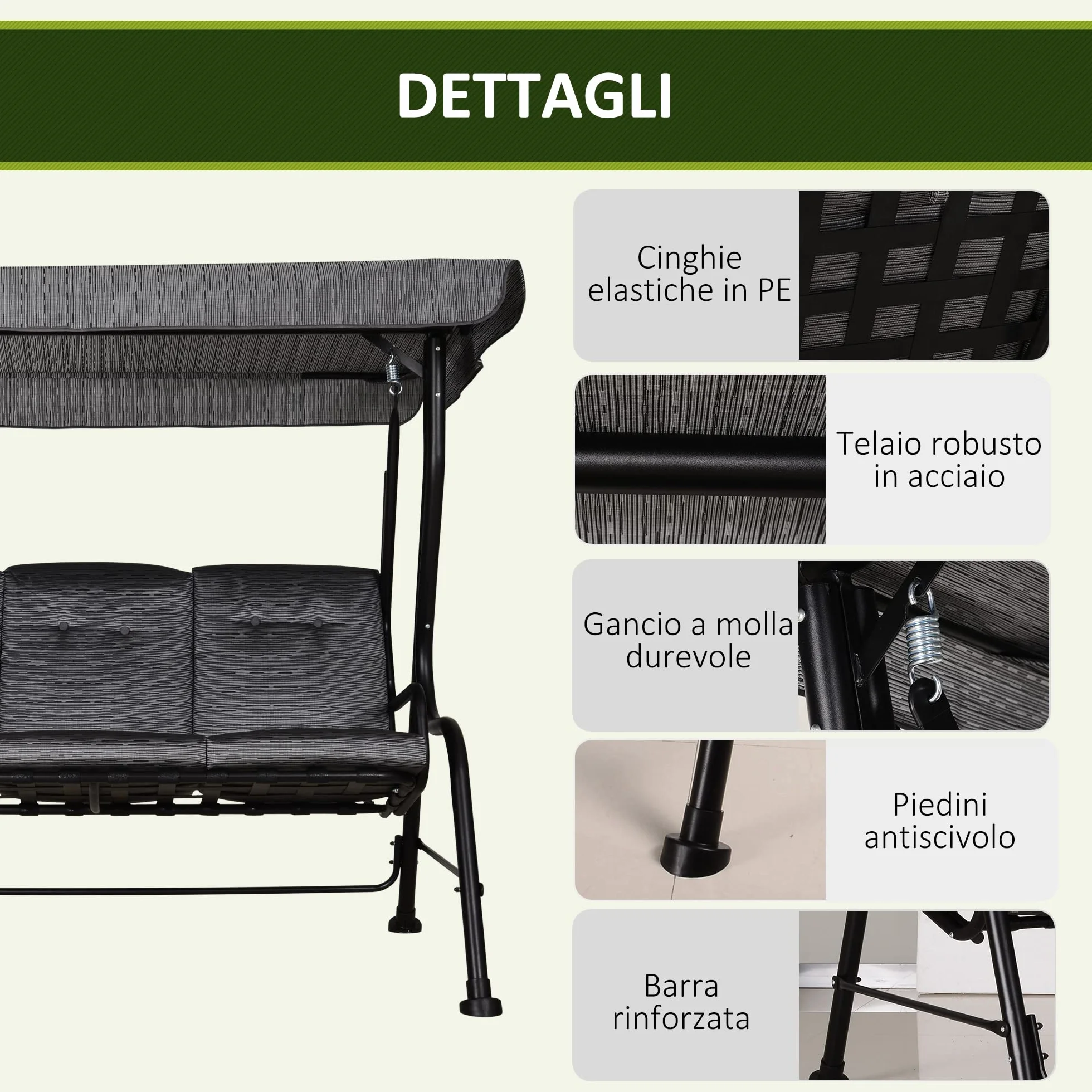 Outsunny Dondolo da Giardino per 3 Persone con Tettuccio Regolabile e Cuscini Imbottiti, 200x120x170cm, Nero