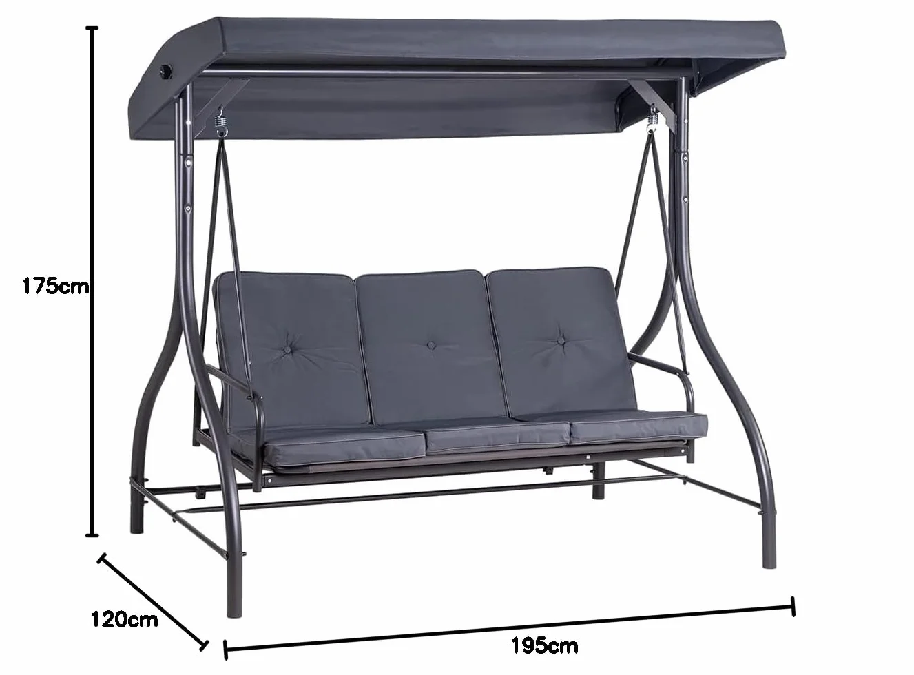 Hortan Dondolo Altalena XL 3 Posti Con Funzione Letto, Tetto Parasole Regolabile, Struttura In Acciaio E Tessuto Impermeabile, Per Arredo Giardino, Terrazzo e Balcone