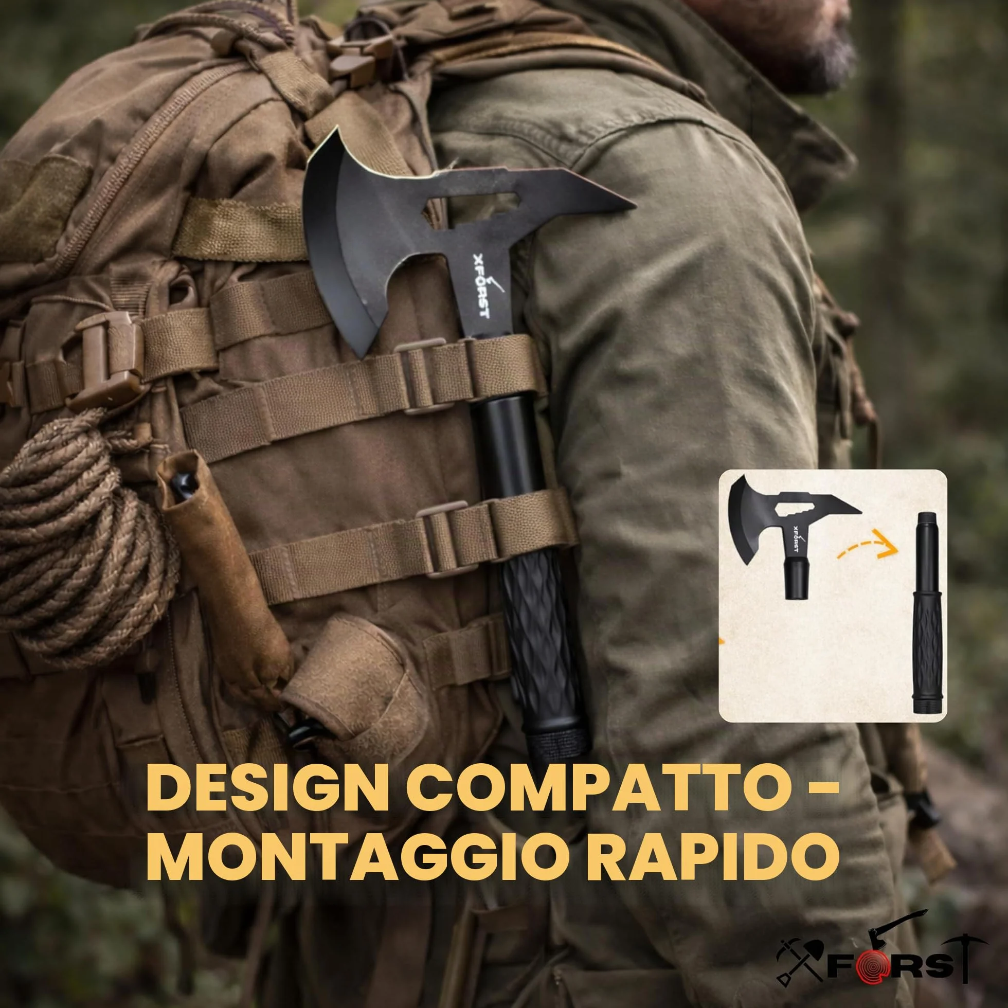 Xforst TM1 Ascia Compatta da Campeggio in Acciaio al Carbonio, Smontabile 2 Pezzi con Fodero e Impugnatura Antiscivolo